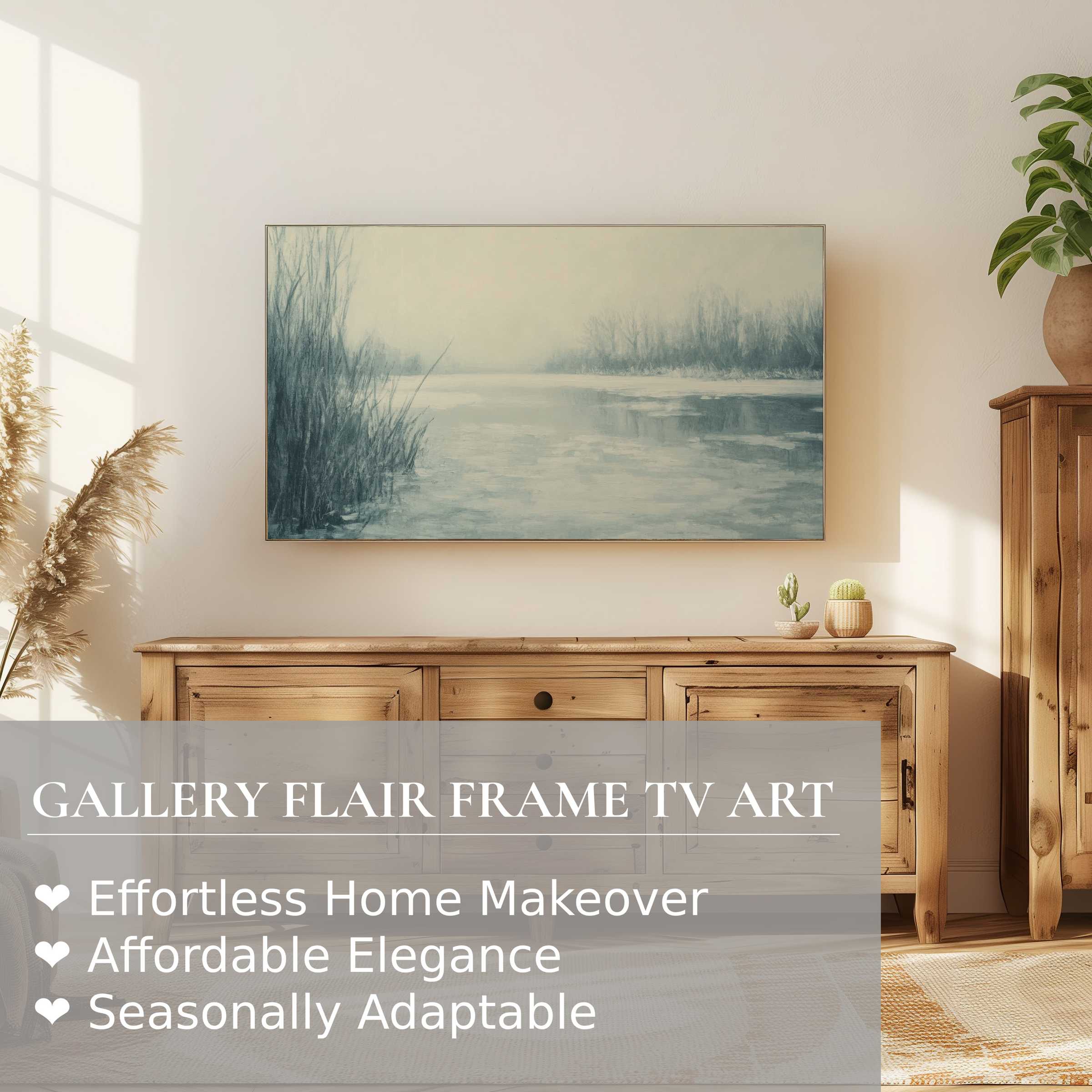 Samsung Frame TV displaying serene winter digital artwork in a minimalist, warm wood and natural decor setting