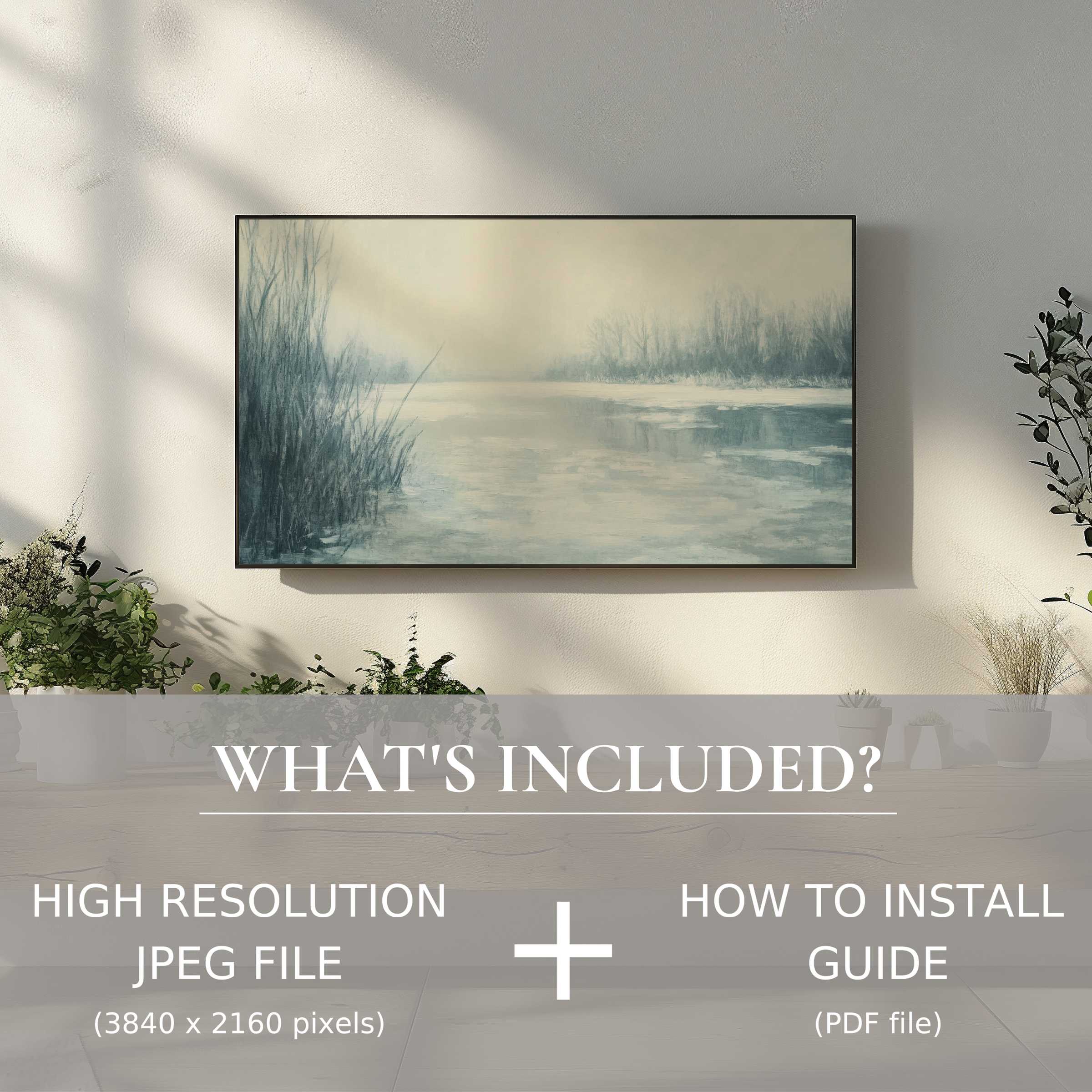 Elegant winter digital TV art download, easy to use, elevates living spaces with serene high-res artwork and install guide