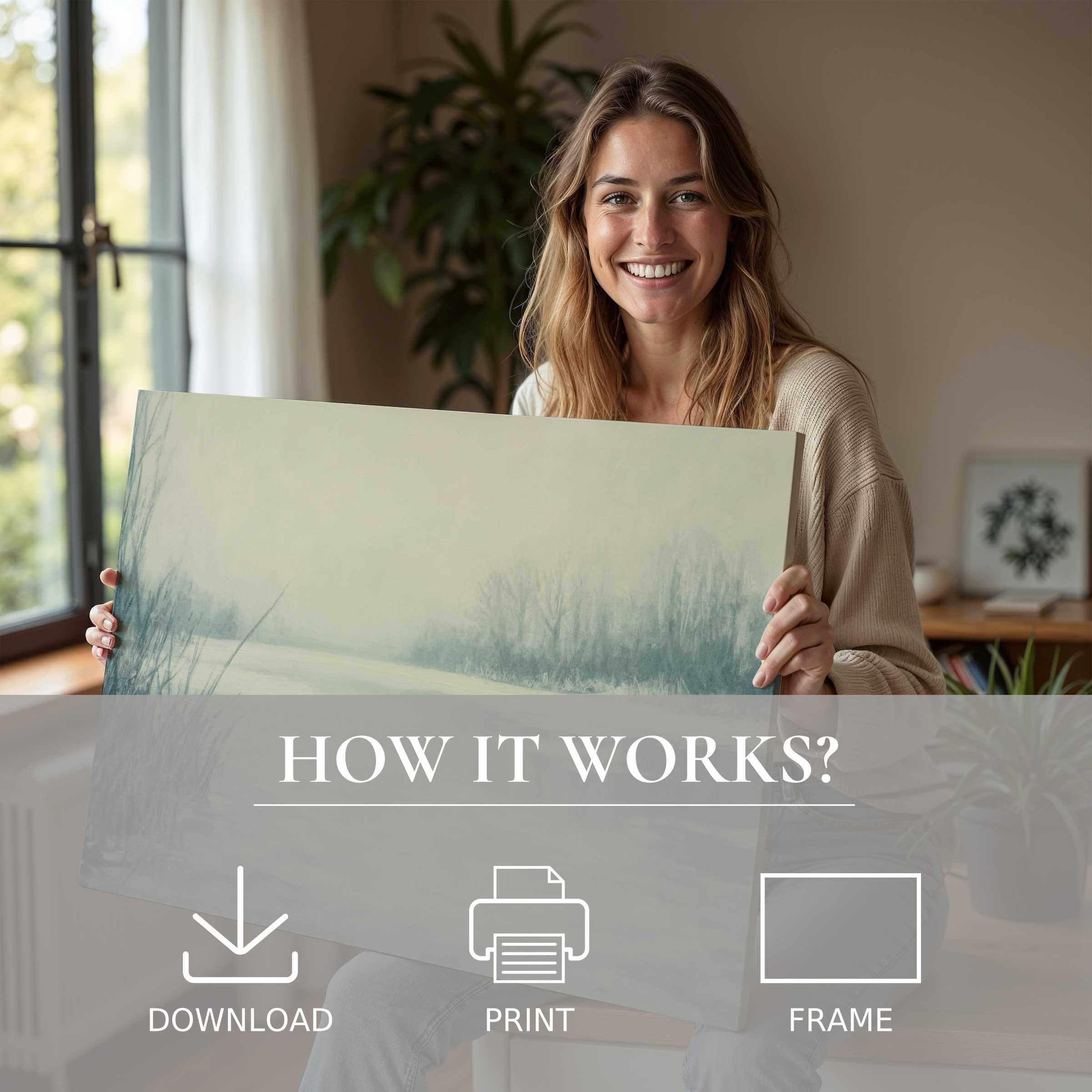 A serene winter digital art print brought to life in a stylish home, inspiring joy and effortless elegance