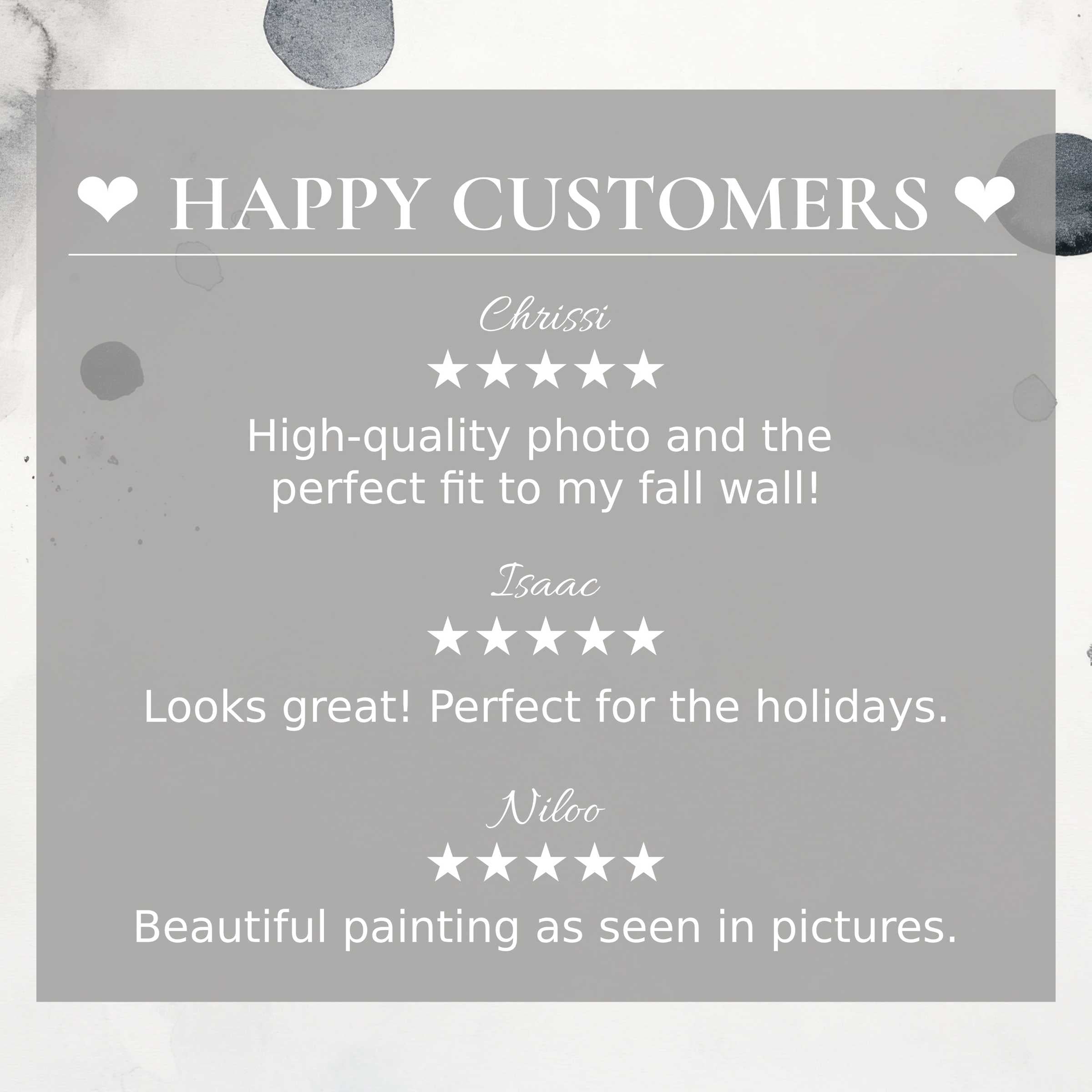 Elegant black and white display showcasing Happy Customers' rave reviews for premium TV screen art