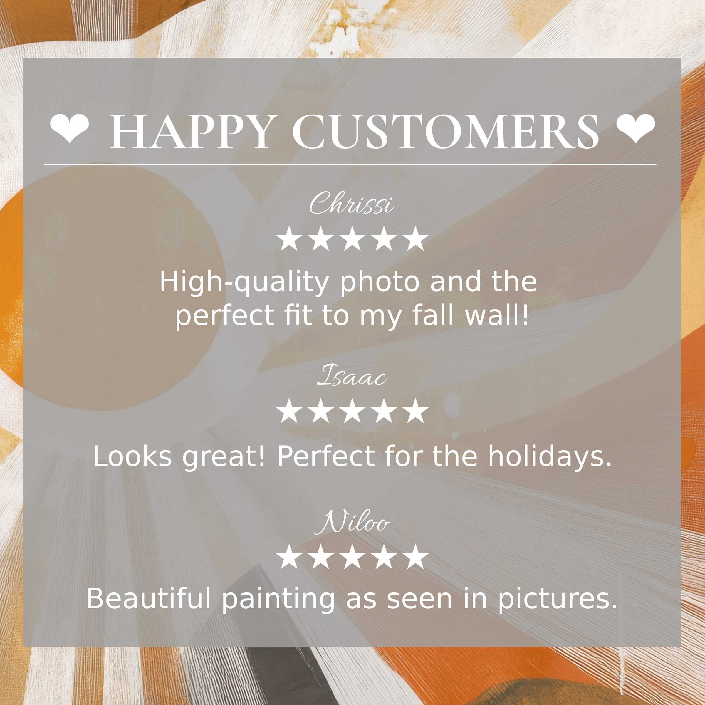 Happy Customers showcase five star testimonials on a warm Boho abstract art backdrop for stylish home decor