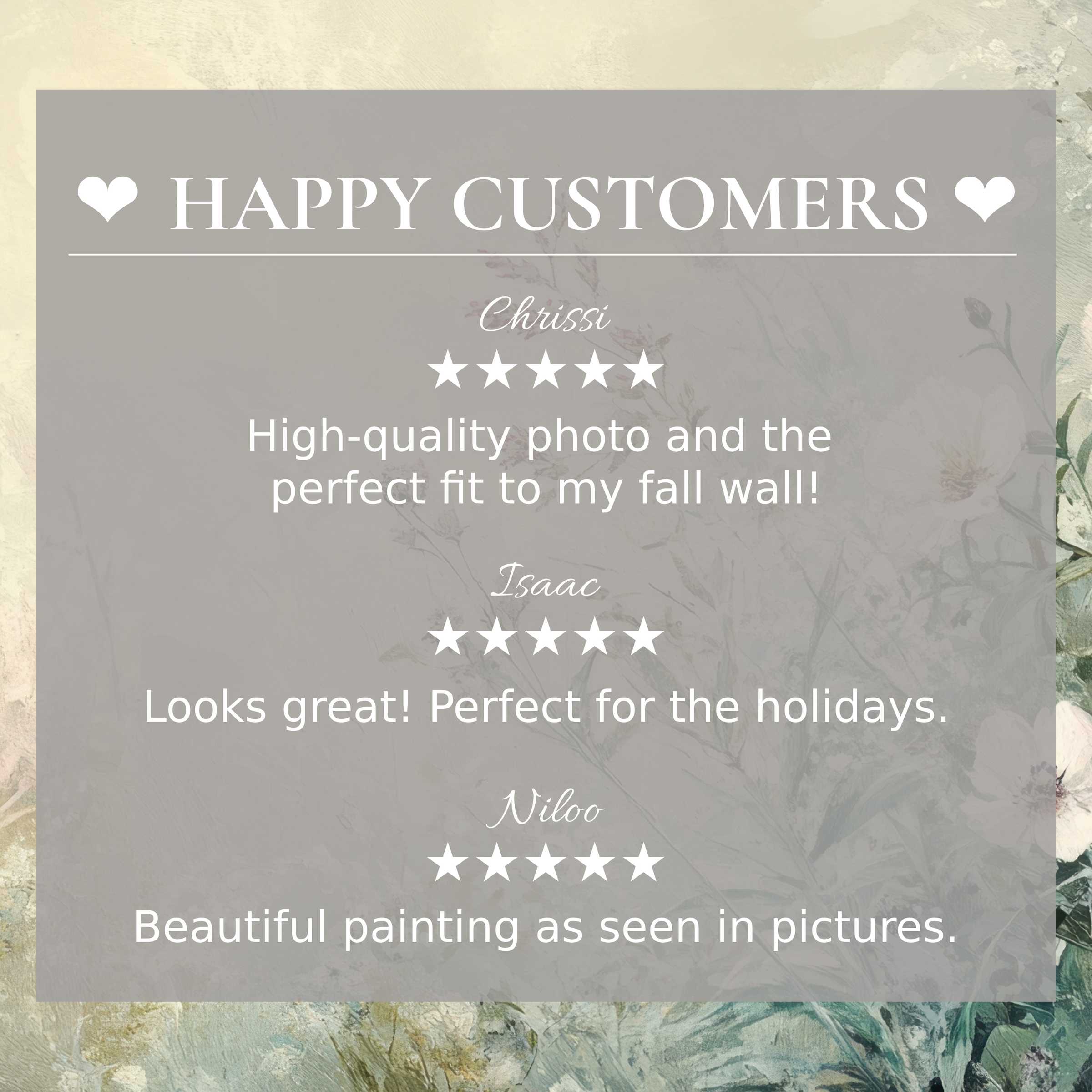 Happy Customers testimonials over soft botanical painting background showcasing stylish wall art for modern home decor