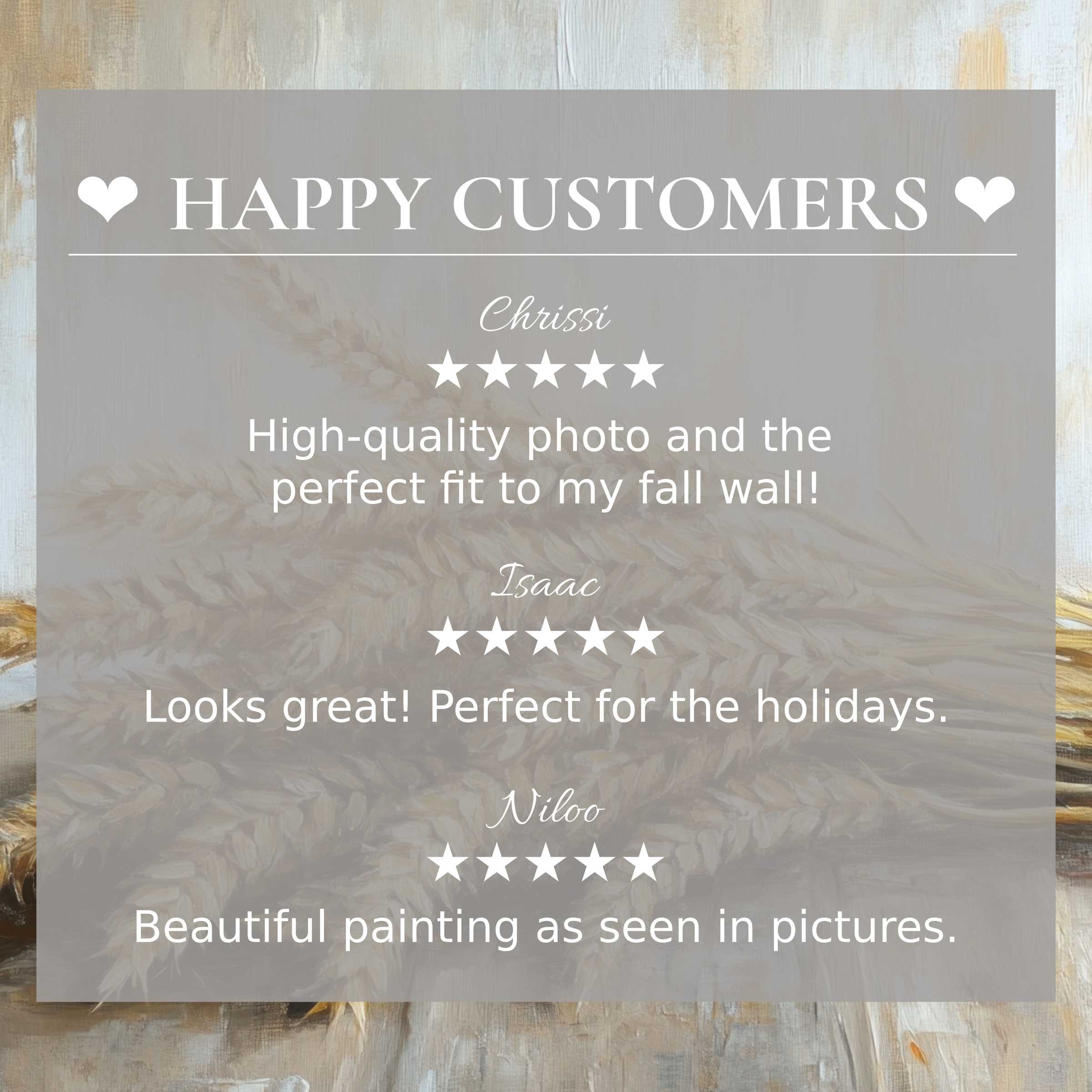 Happy Customers testimonials overlaying neutral Farmhouse wheat artwork promoting elegant rustic wall decor