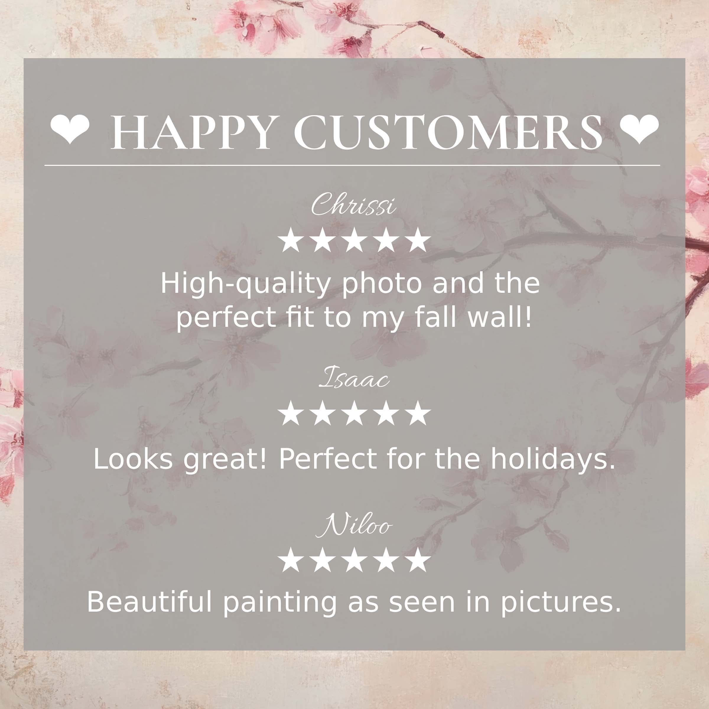 Happy Customers banner with elegant Floral backdrop showcasing five star reviews for stylish home decor