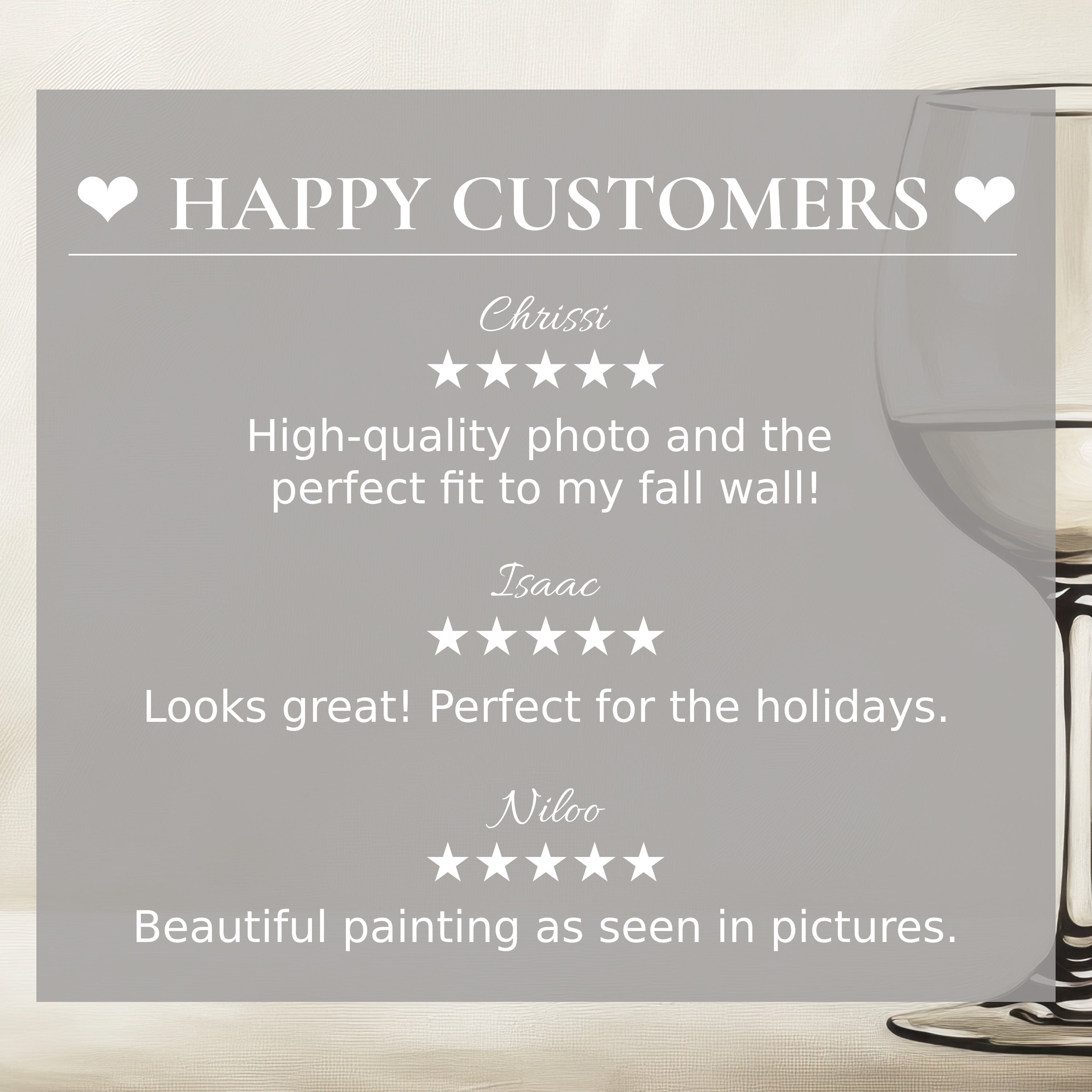 Happy Customers testimonial overlay on Minimalist wine glass image promoting chic wall art for style conscious buyers