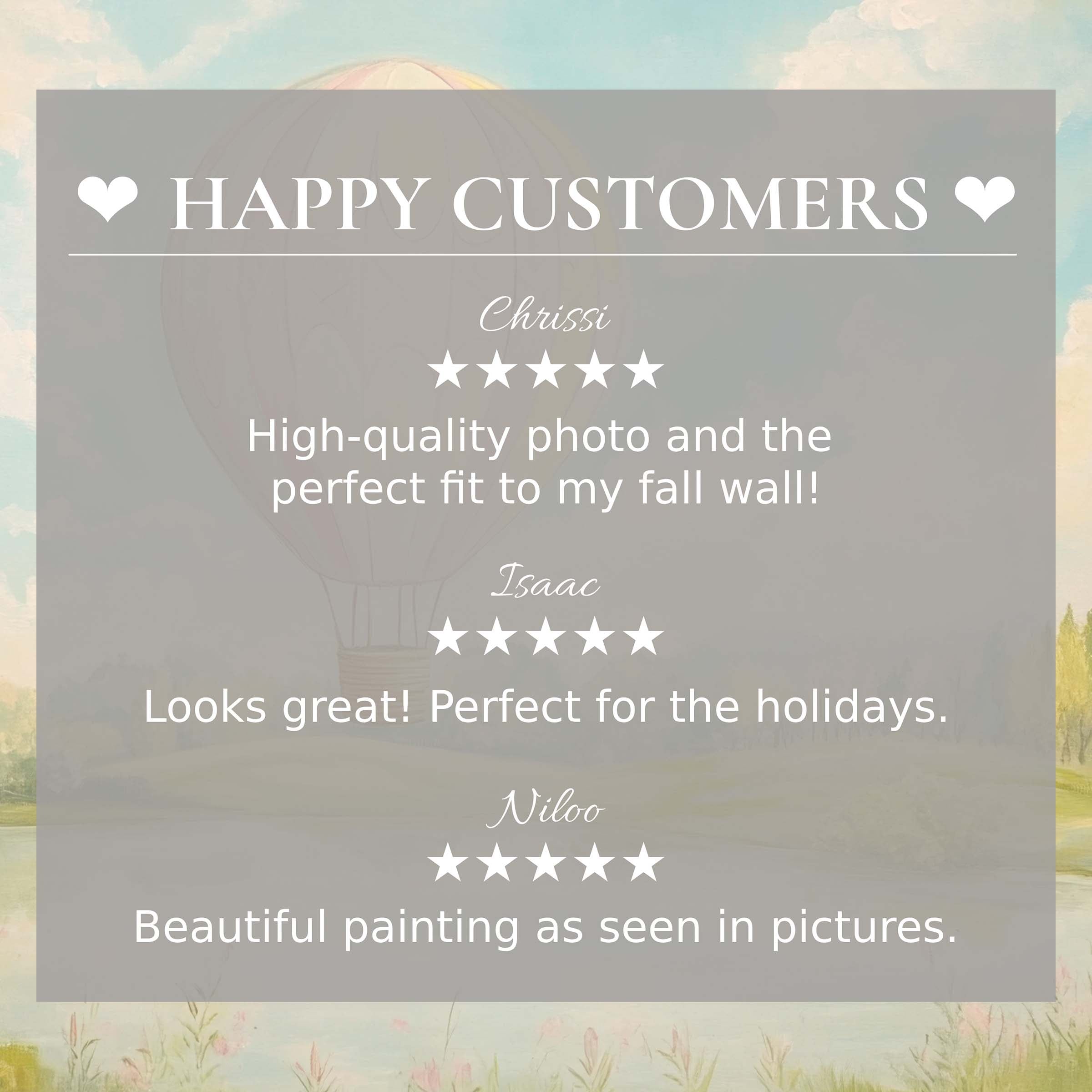 Happy Customers testimonial overlay on pastel Nursery hot air balloon painting promoting stylish home decor