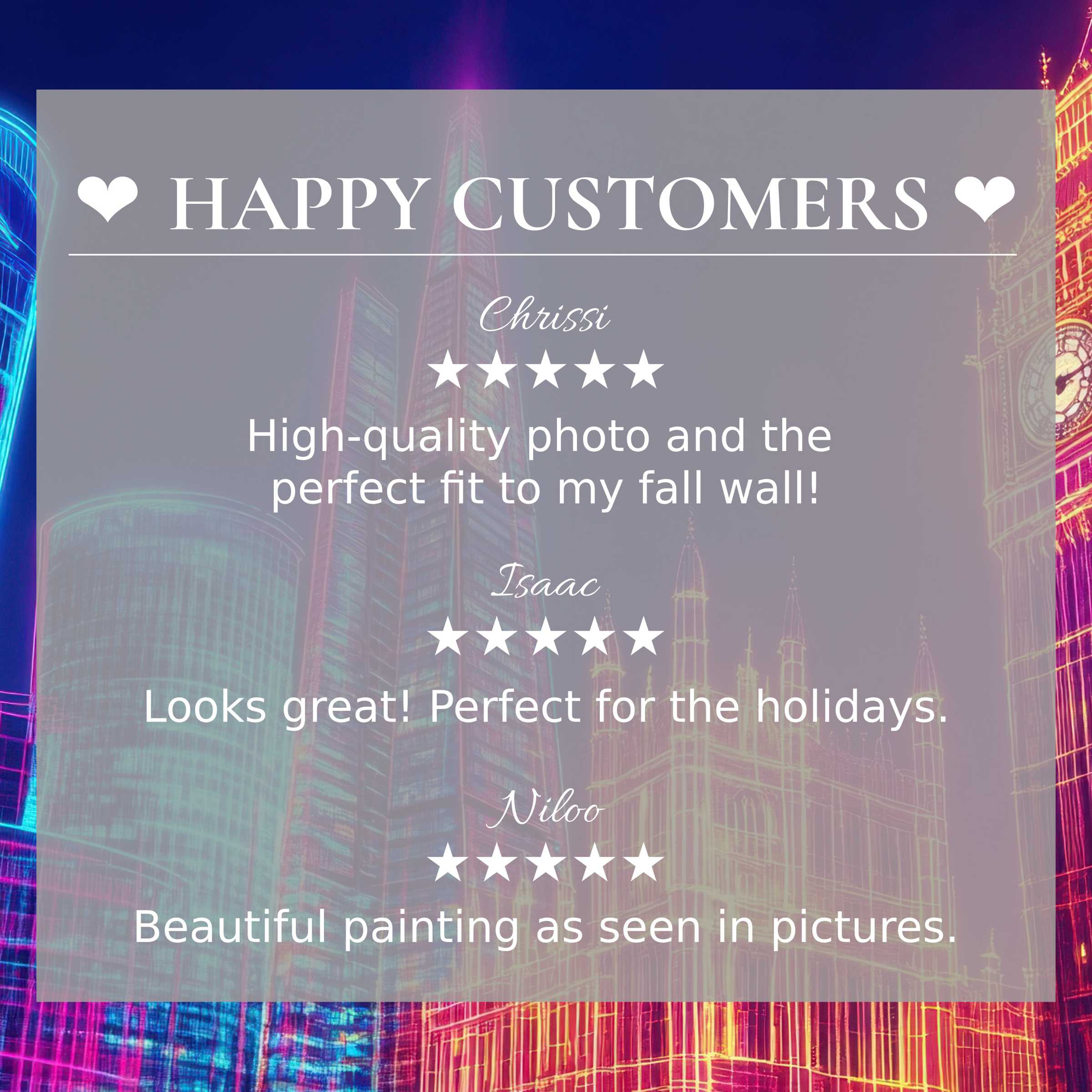 Happy Customers praise vibrant Pop Art cityscapes, perfect for stylish, high-quality TV screen decor