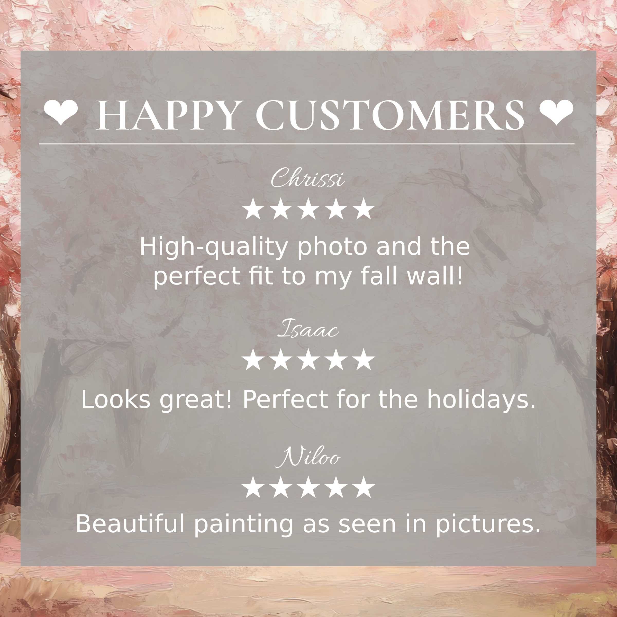Happy Customers Spring showcase of five star testimonials for elegant wall art and chic home decor