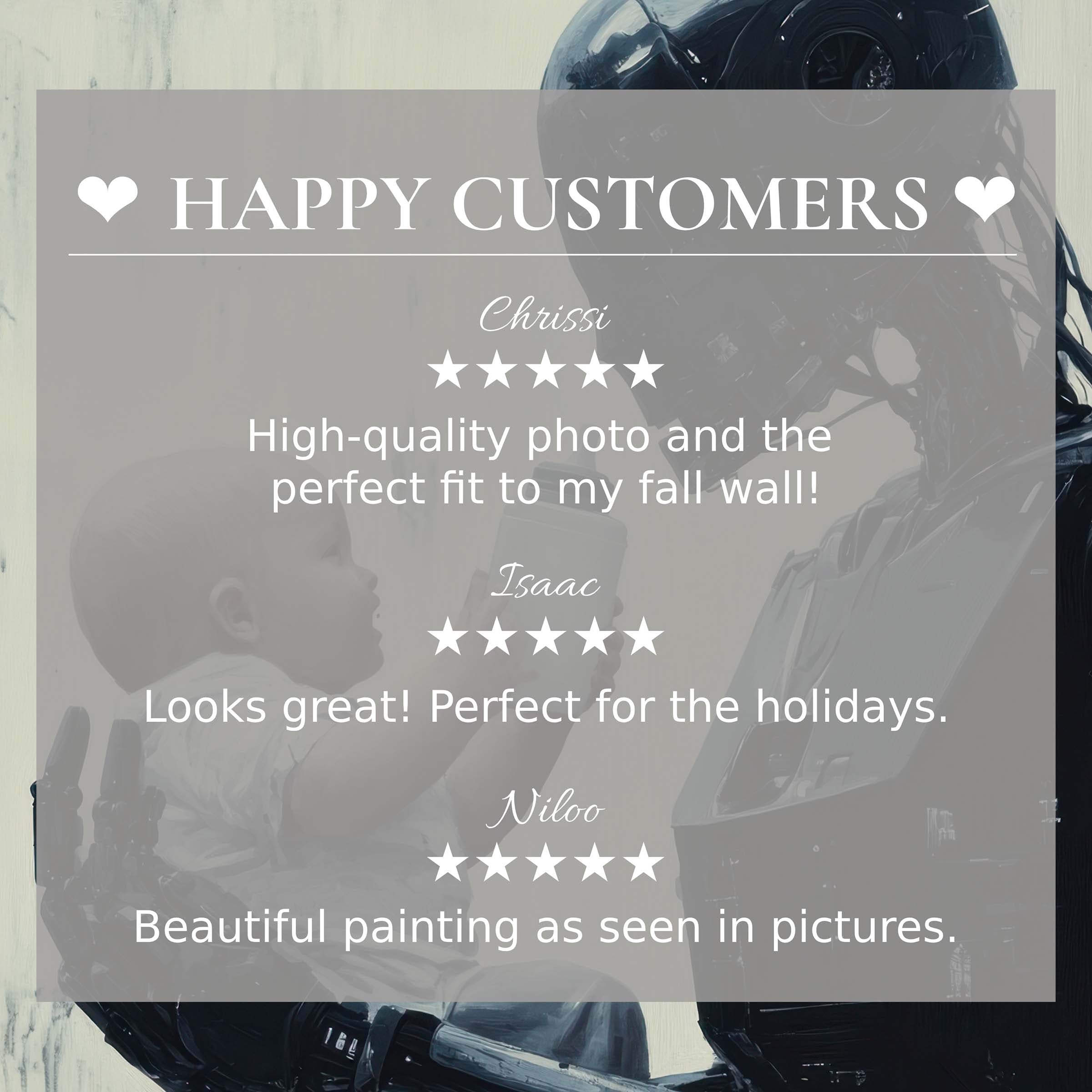Happy Customers review overlay on mural like Street Art painting of baby and robot ideal for chic modern home decor