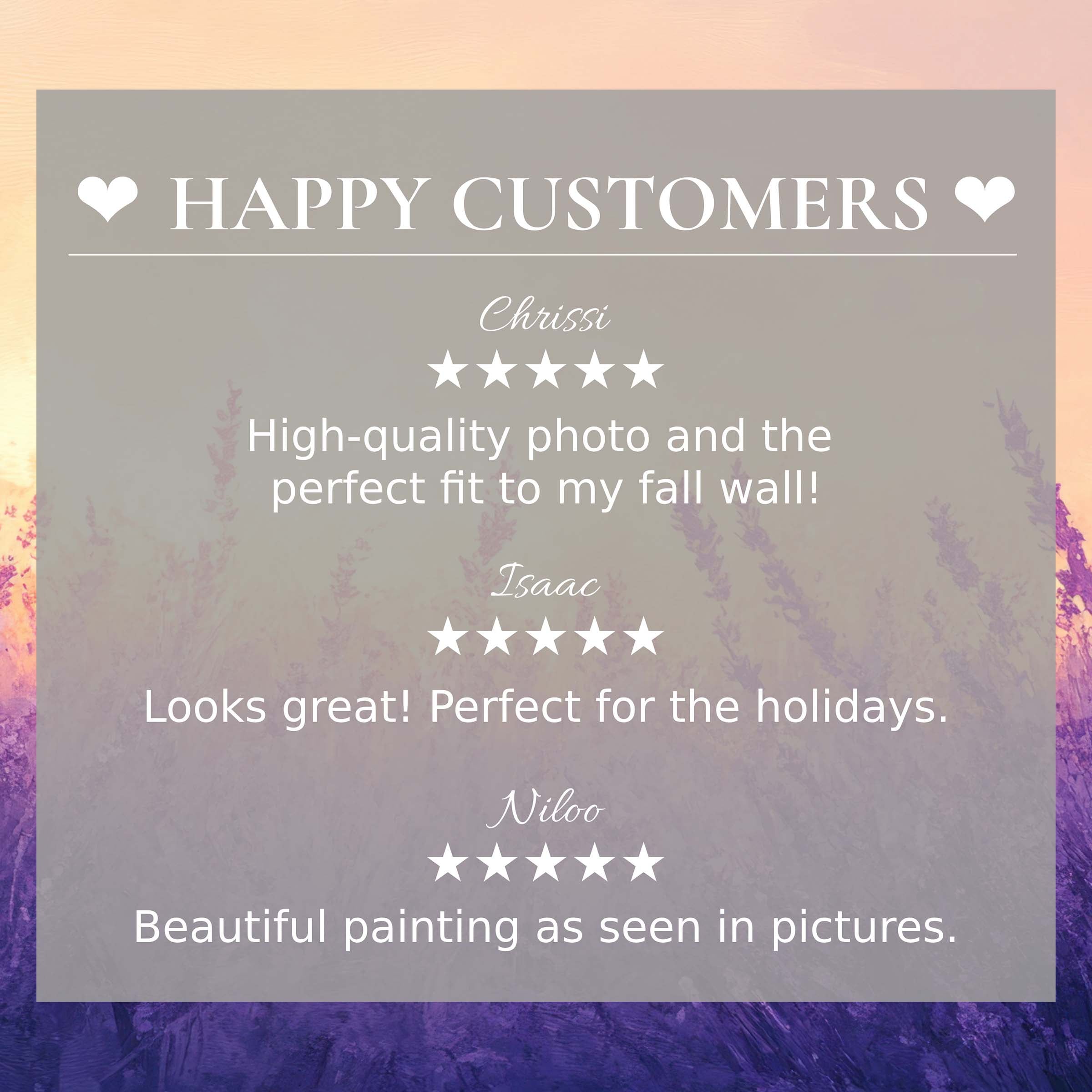 Happy Customers reviews over Summer gradient landscape showcasing stylish wall art for modern home decor buyers