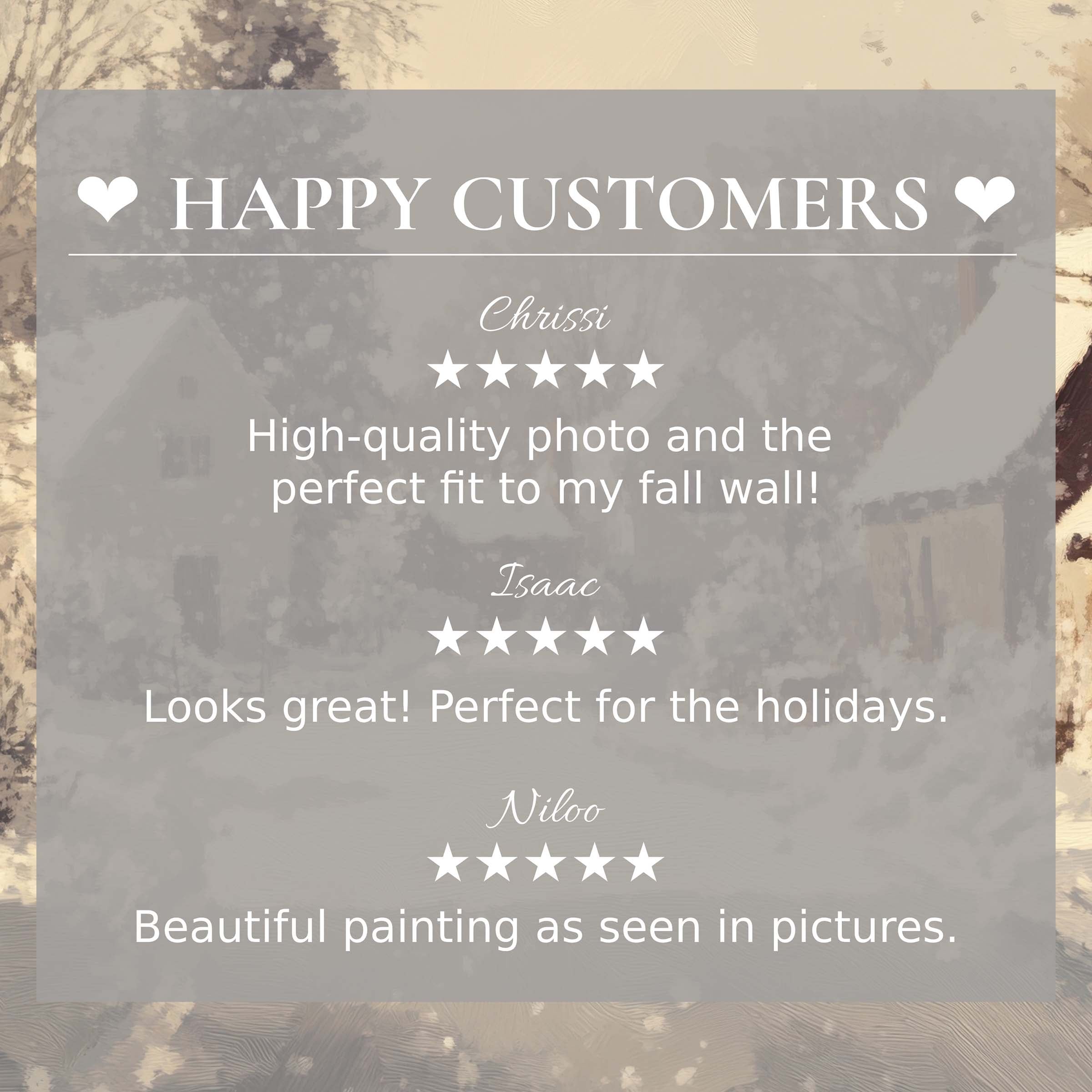 Happy Customers Winter testimonial graphic showcasing an elegant muted snow scene and five star decor reviews
