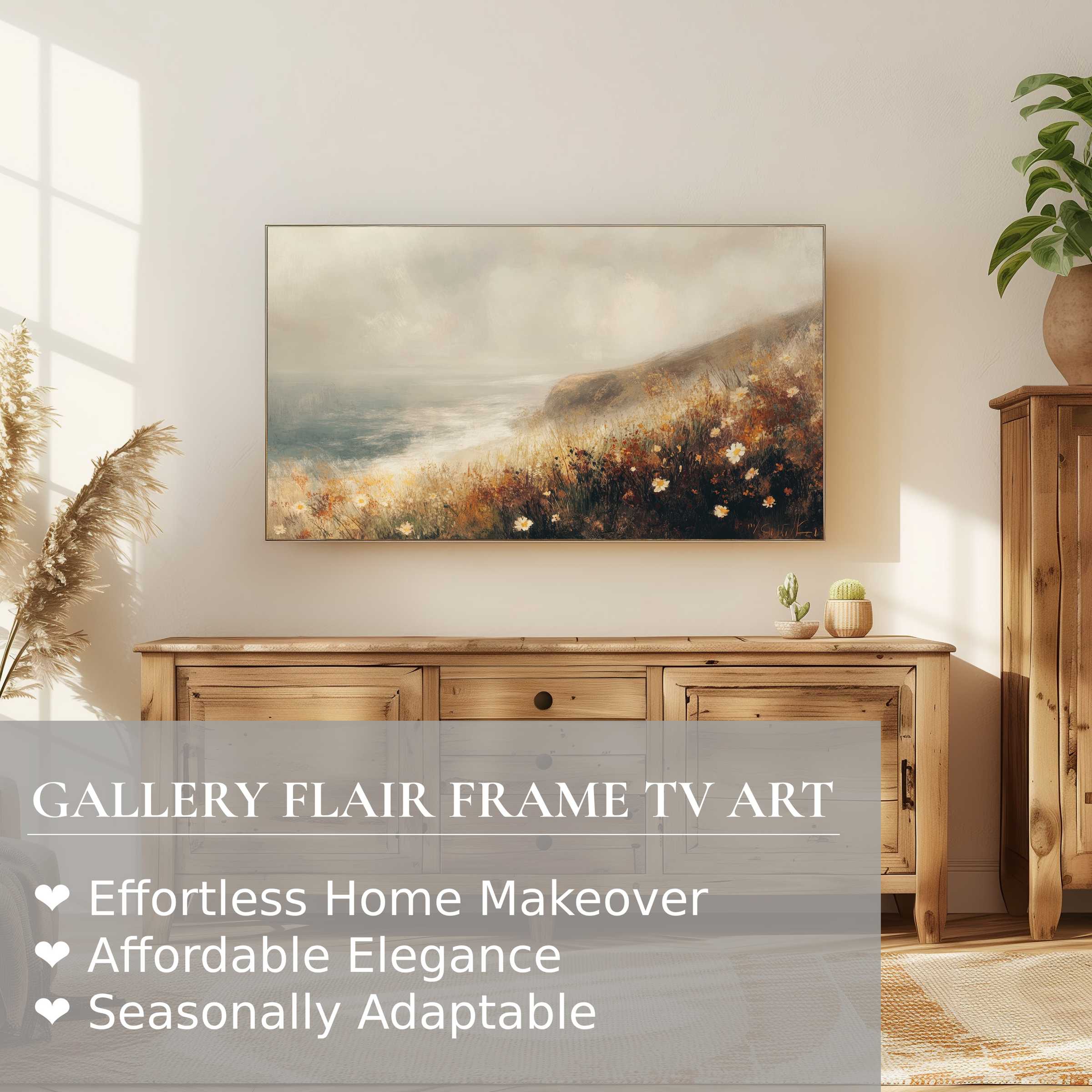 Samsung Frame TV displaying coastal digital artwork with soft hues in an elegant, modern living room setting