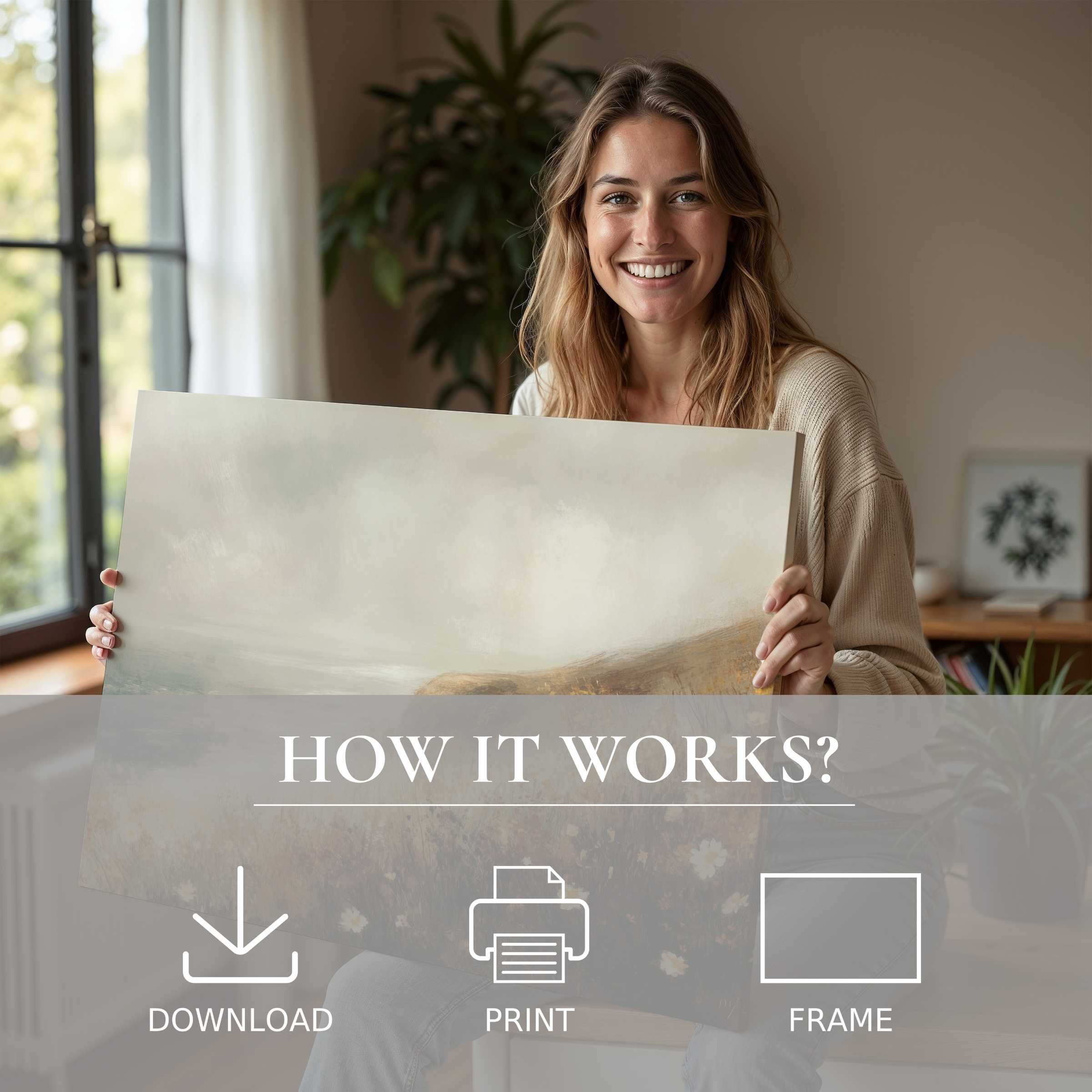 Joyful moment of connection with a coastal digital art print, elevating serene modern living spaces effortlessly