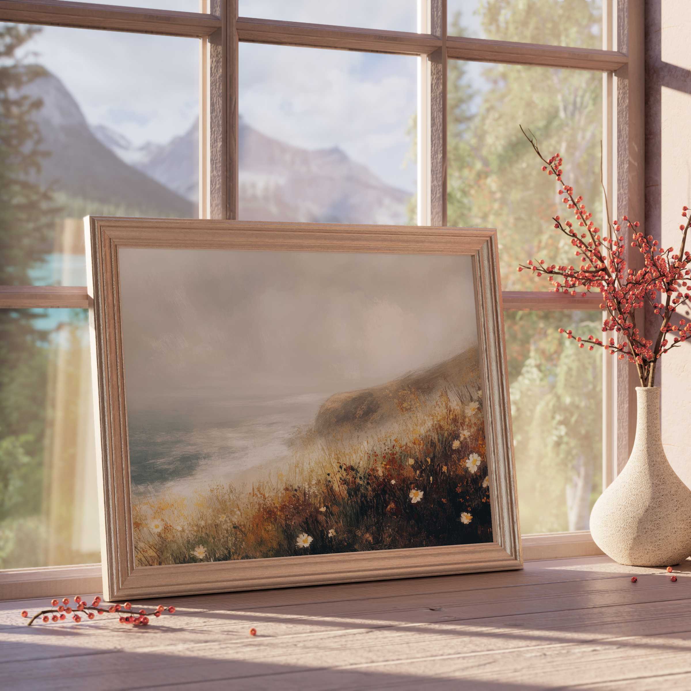 Coastal downloadable art capturing serene foggy shores with warm florals, enriching elegant, tranquil, nature-inspired interiors