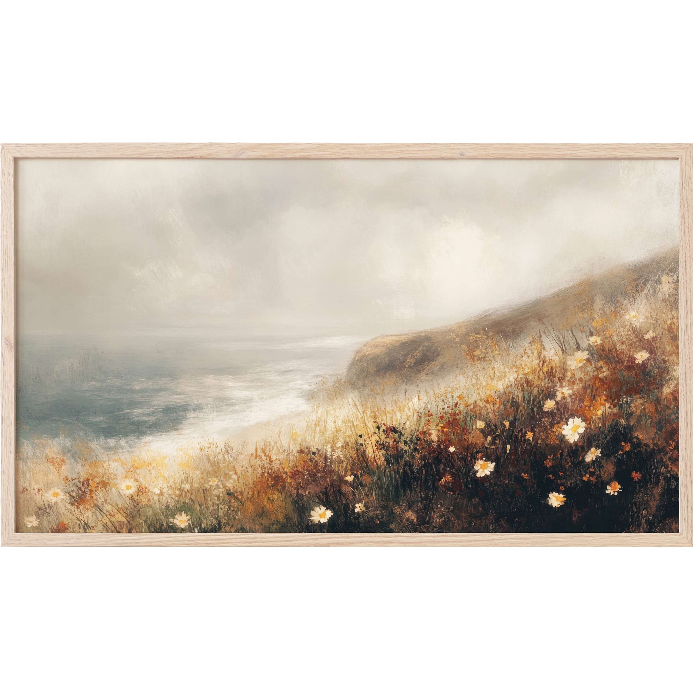 Elegant coastal Frame TV Art depicting misty cliffs and wildflowers in muted earth tones with soft blue ocean hues