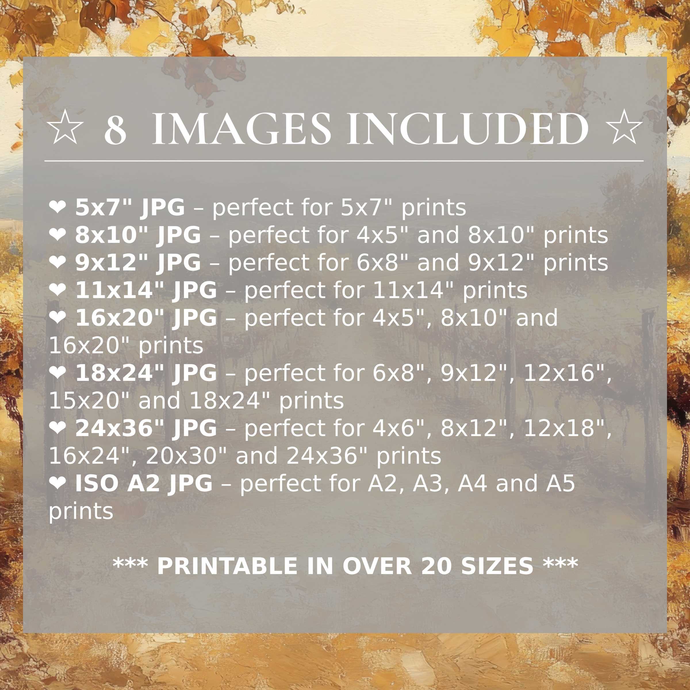 Radiant fall digital print in warm amber and gold hues, elevating modern interiors with elegant style and 8 included sizes for versatile decor
