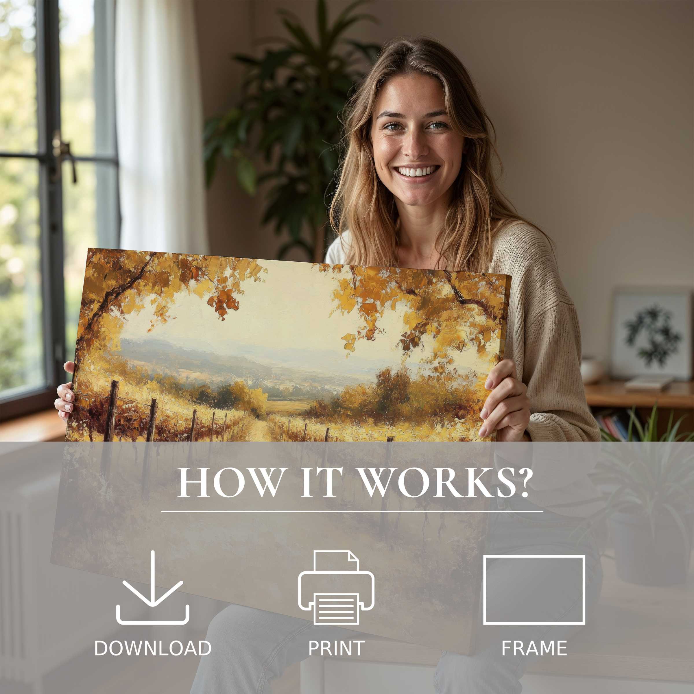 Radiant fall digital art print bringing warmth and joy to a modern home, celebrating effortless beauty in everyday living