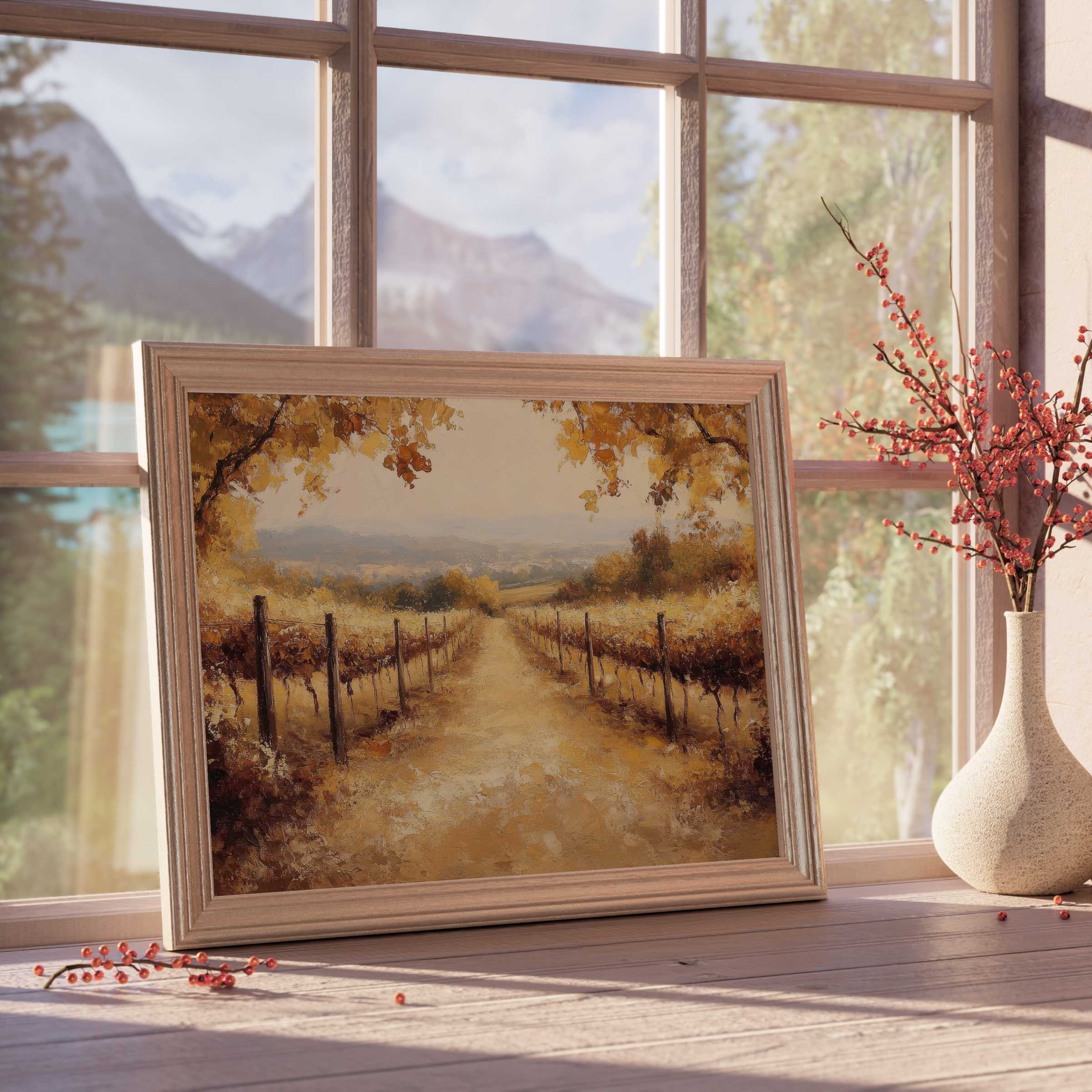 Fall downloadable art capturing a serene vineyard path bathed in warm amber hues, perfect for elegant, tranquil interiors