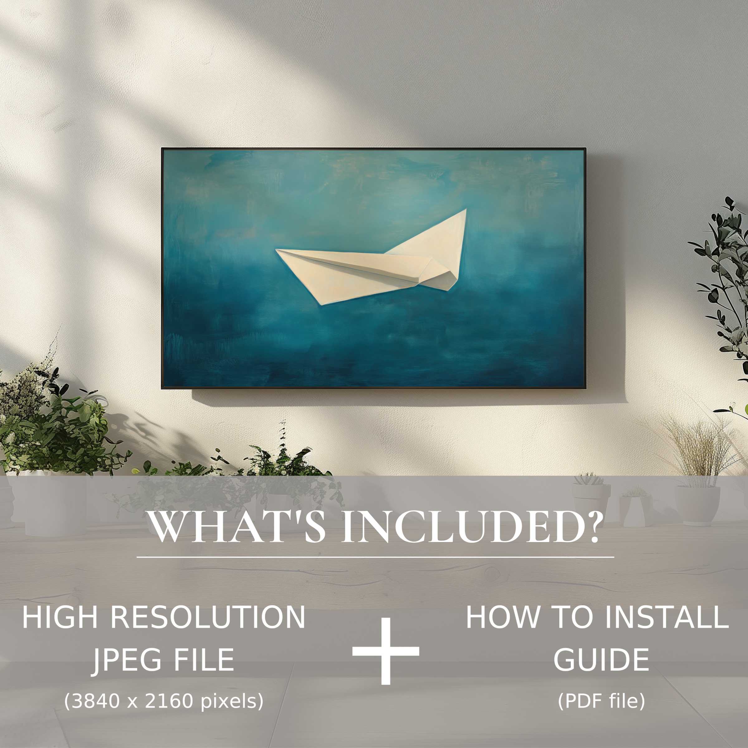 Elegant living space enhanced by minimalist digital TV art download; easy digital use with high-res file and guide