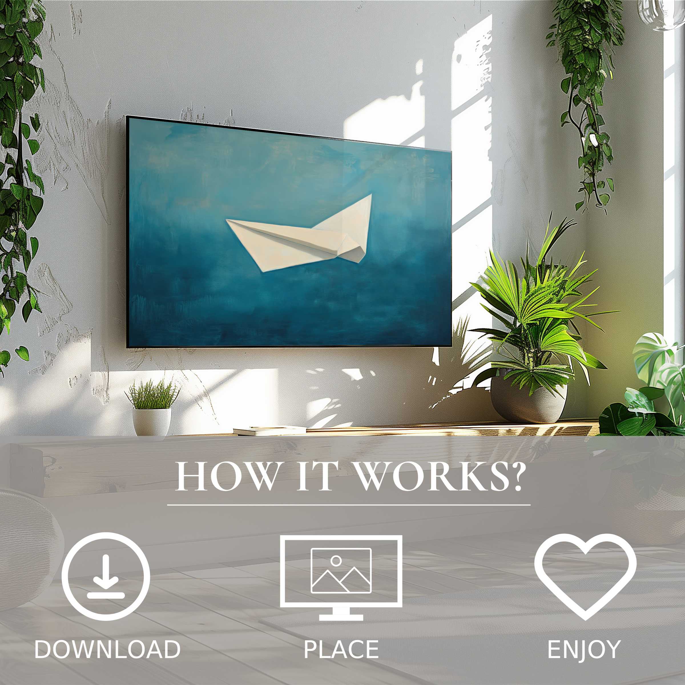 Minimalist art for Samsung TV shows soft blue hues with a paper boat motif, easy digital download enriches your modern space