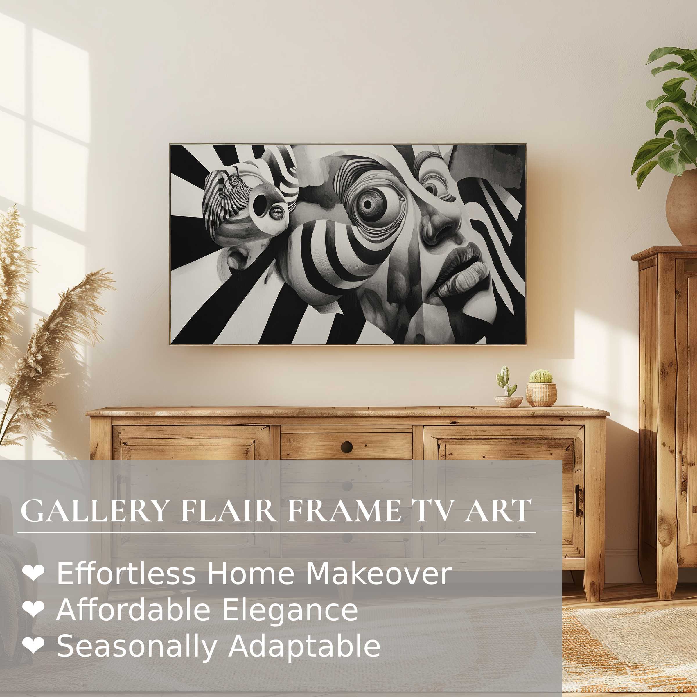 Samsung Frame TV displays black and white digital artwork with surreal, modernist lines in a warm, minimalistic interior