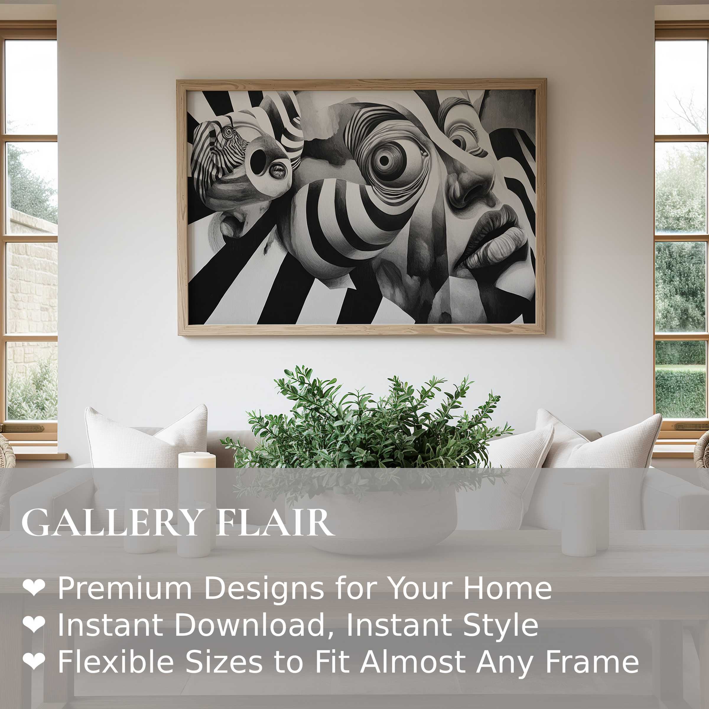 Striking black and white wall art print with surreal, bold abstract face design, enhancing modern minimalist living spaces