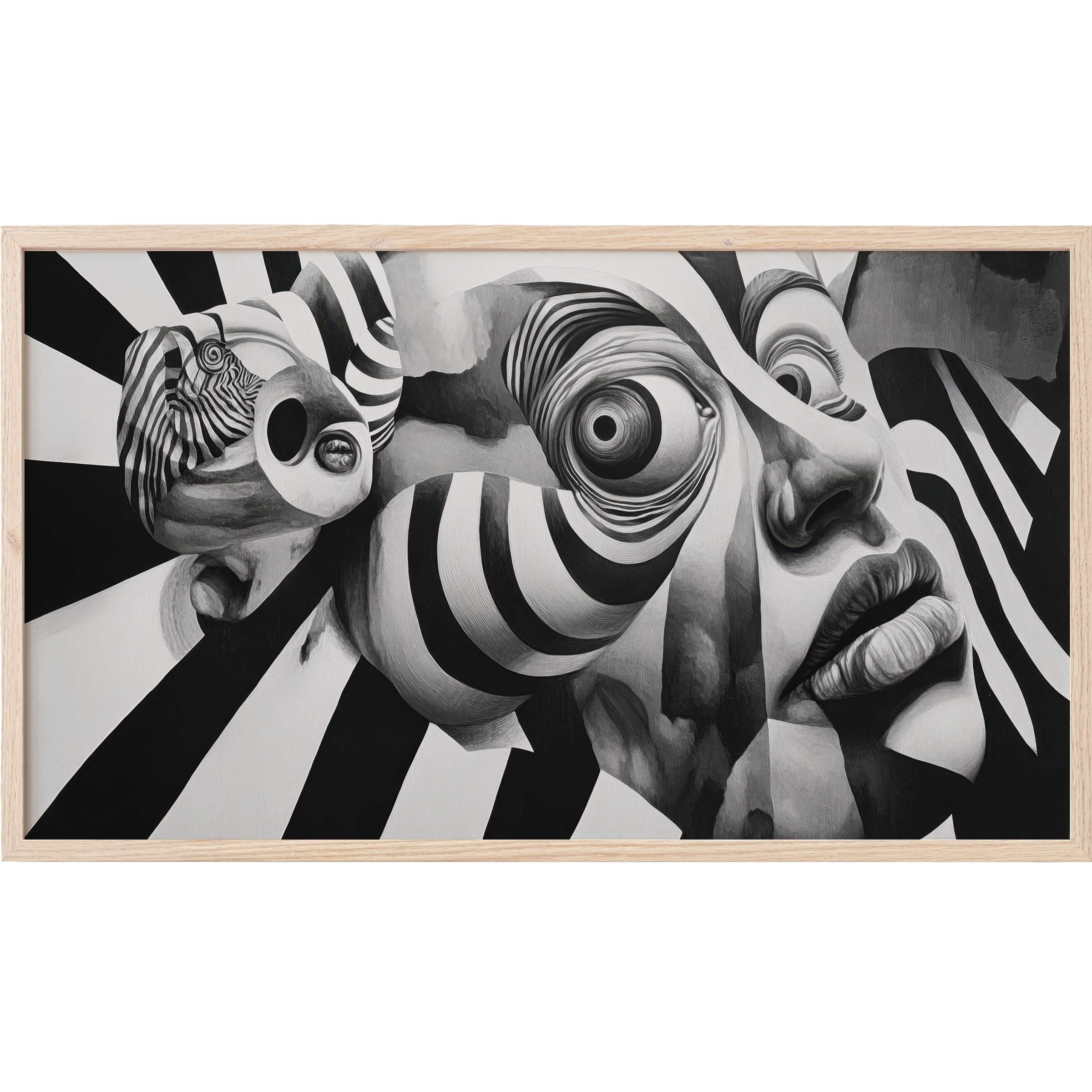 Surreal black and white Frame TV Art featuring distorted face with bold stripes in elegant modern style
