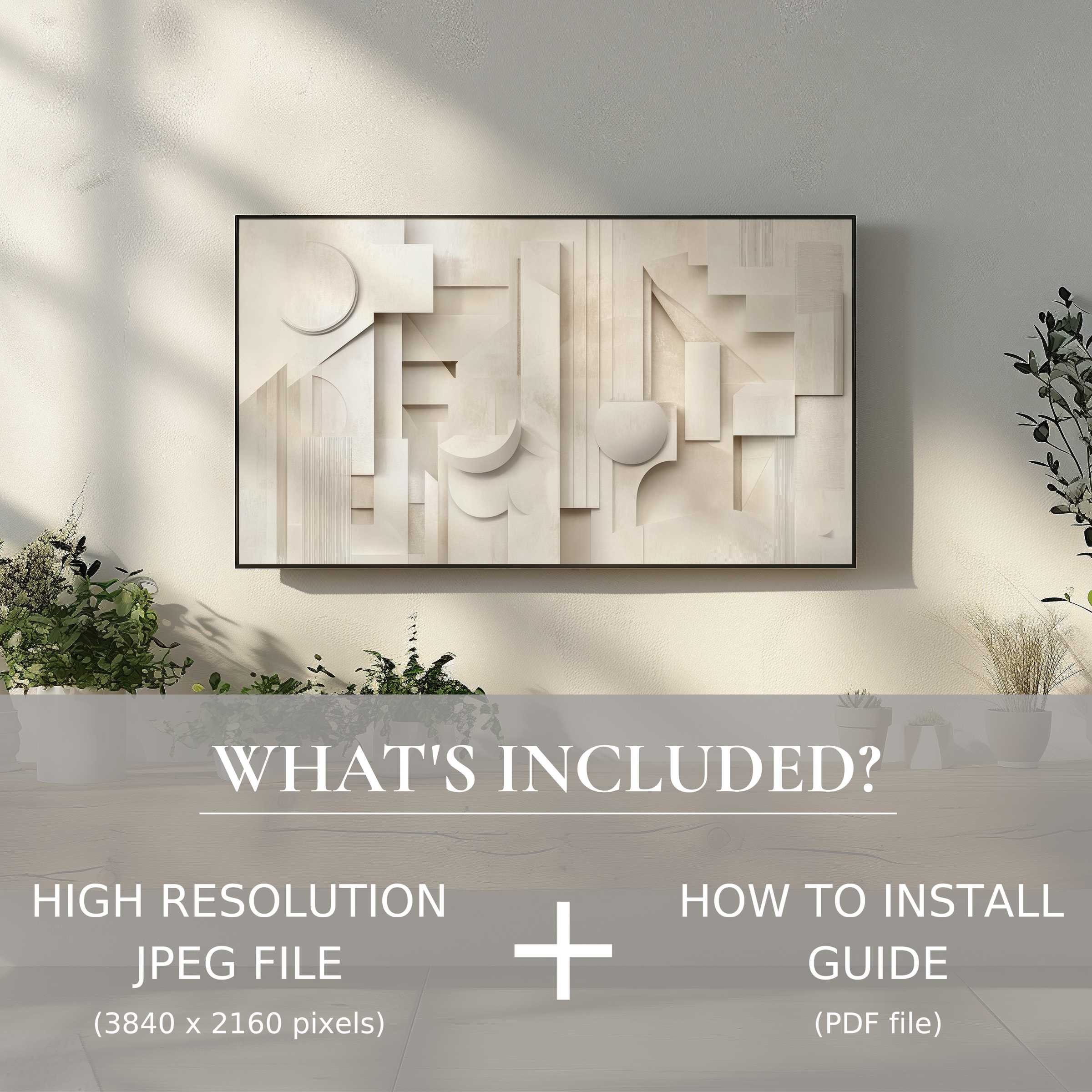 Elegant neutral digital TV art download for effortless decor upgrade, enhancing any living space with modern style