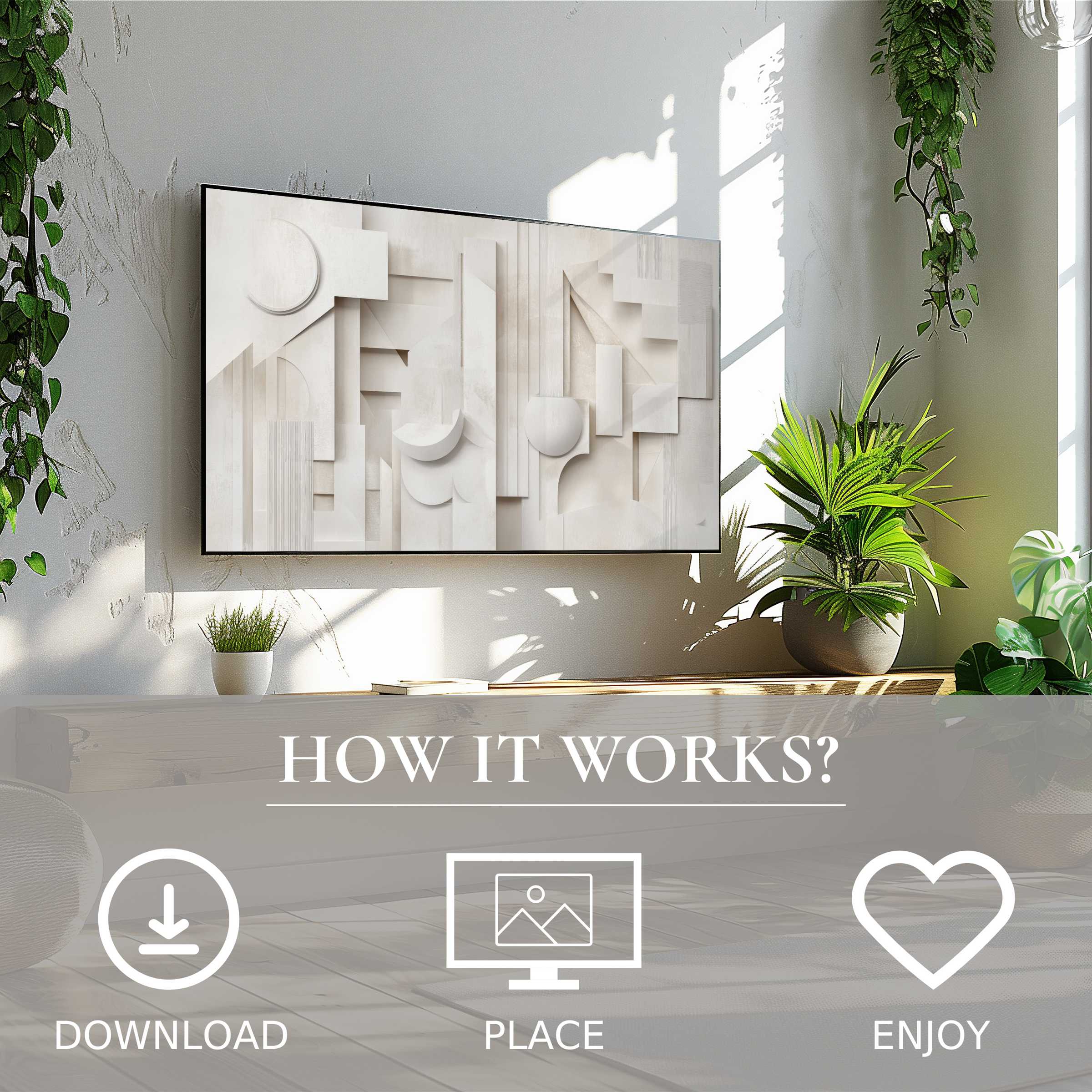 Modern living room with neutral art for Samsung TV, 3D geometric motif, easy digital download, enriches space
