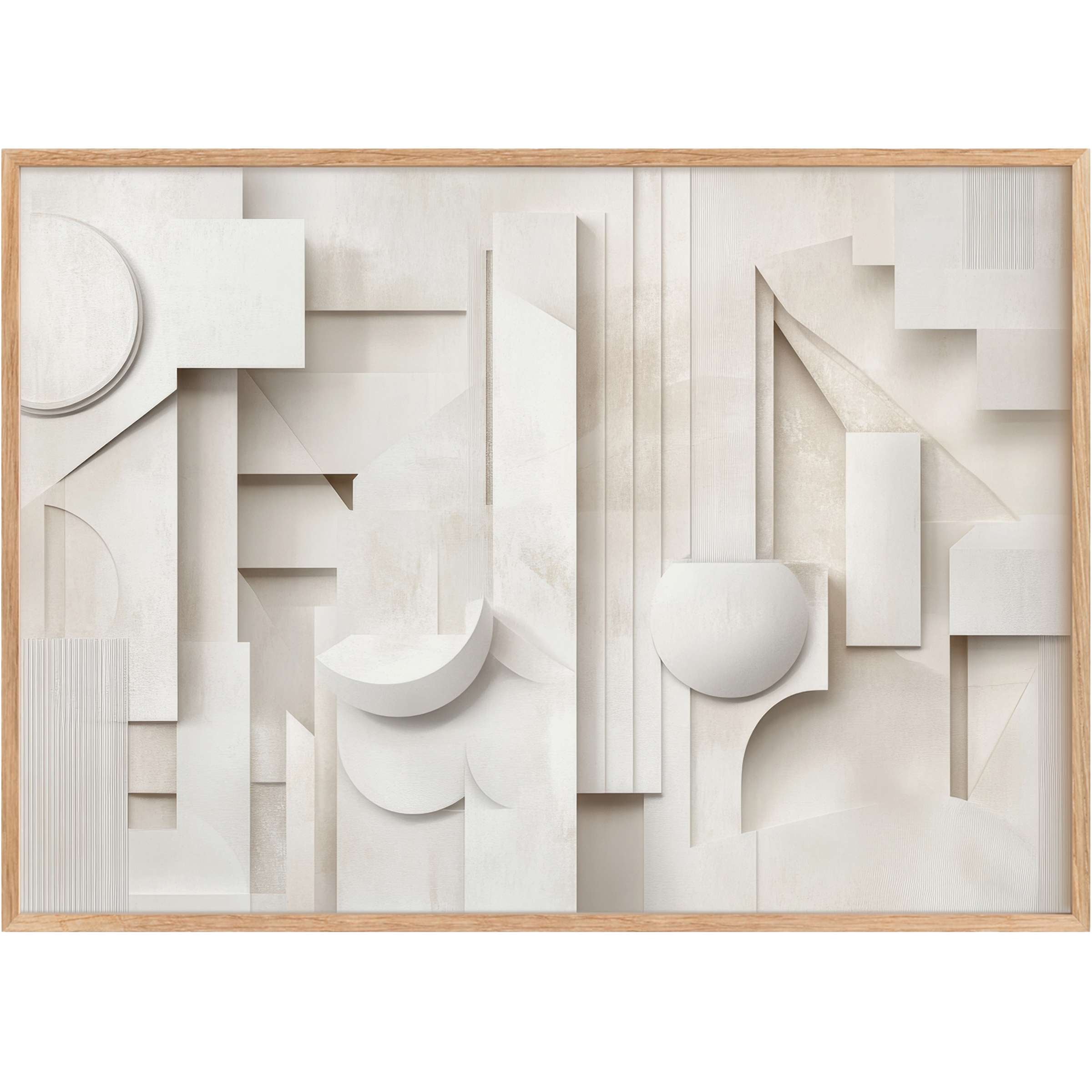 Neutral printable wall art featuring layered geometric shapes in soft creams evokes a serene, modern sanctuary