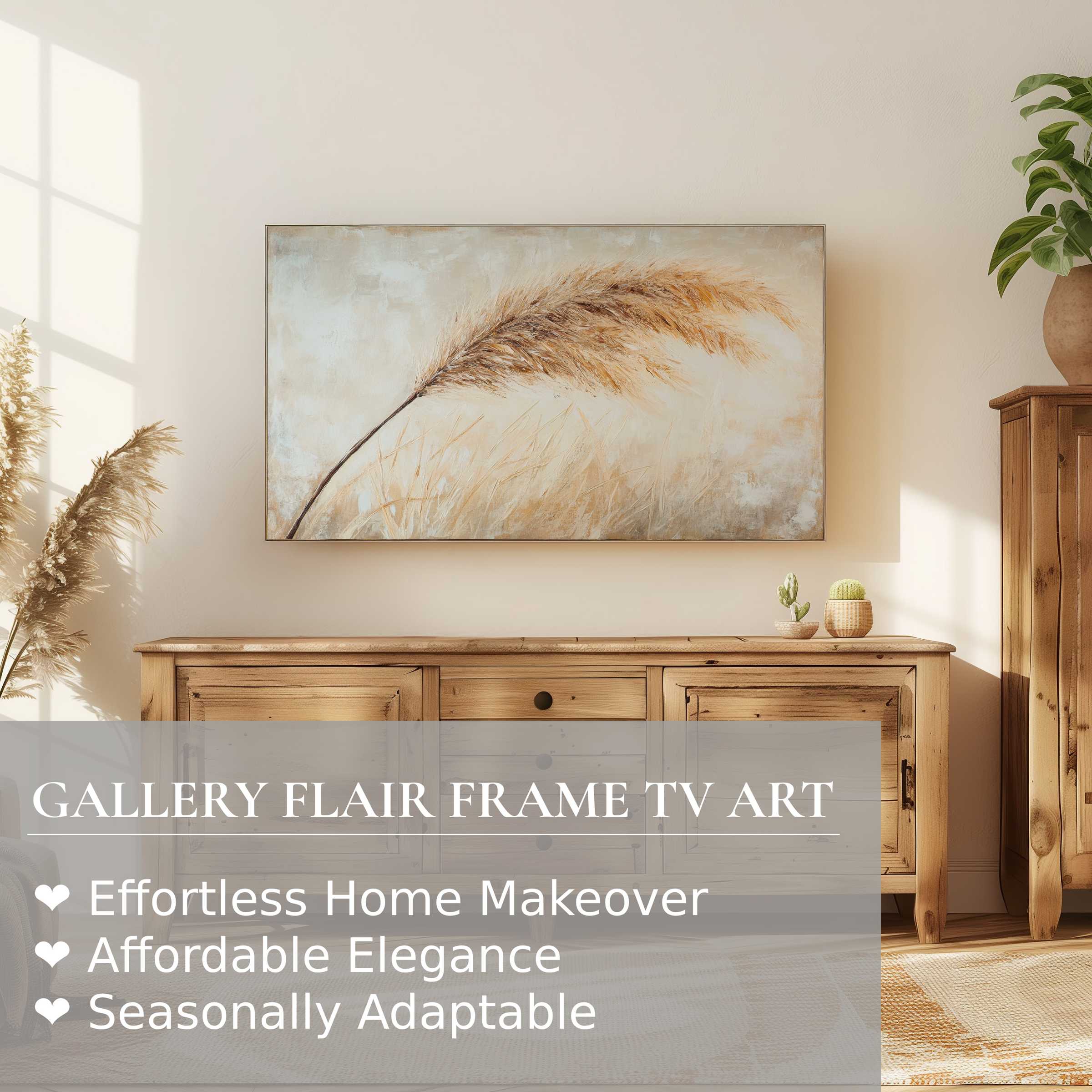 Modern boho digital artwork on Samsung Frame TV, showcasing elegant natural tones in a serene, stylish home setting