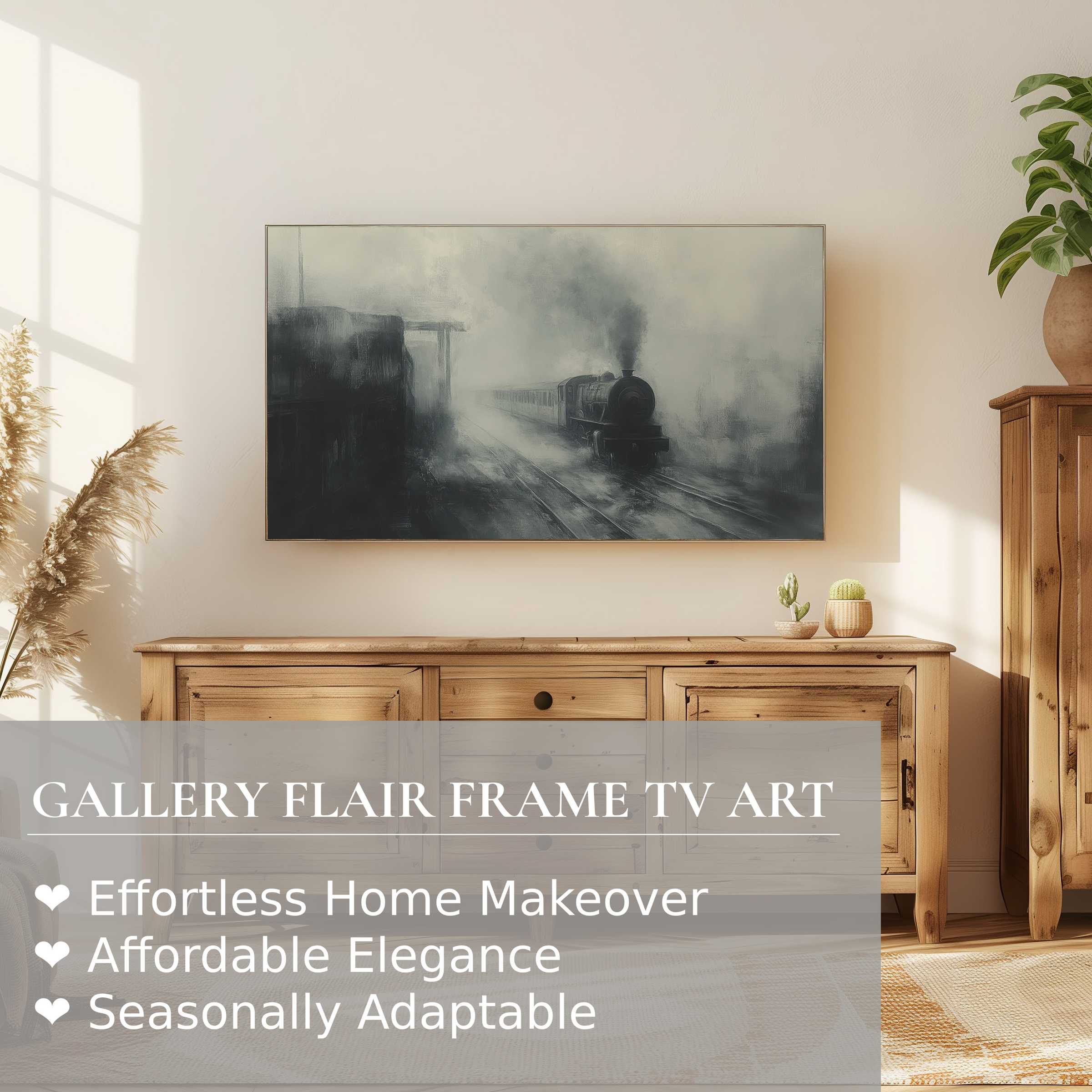 Moody halloween digital artwork of vintage train on Samsung Frame TV in elegant, sunlit modern rustic interior