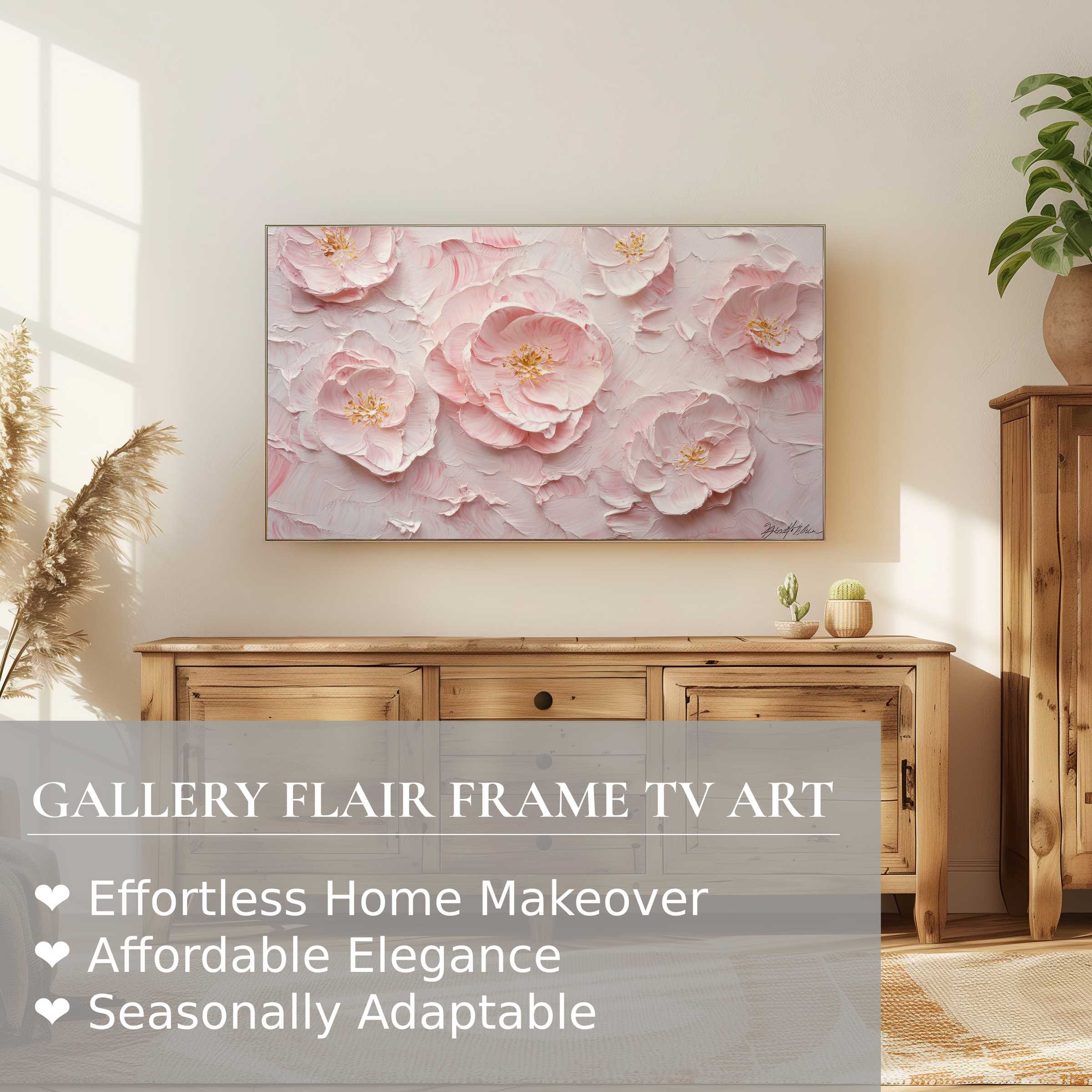 Samsung Frame TV displays refined botanical digital artwork in soft pinks, enhancing modern, elegant living spaces