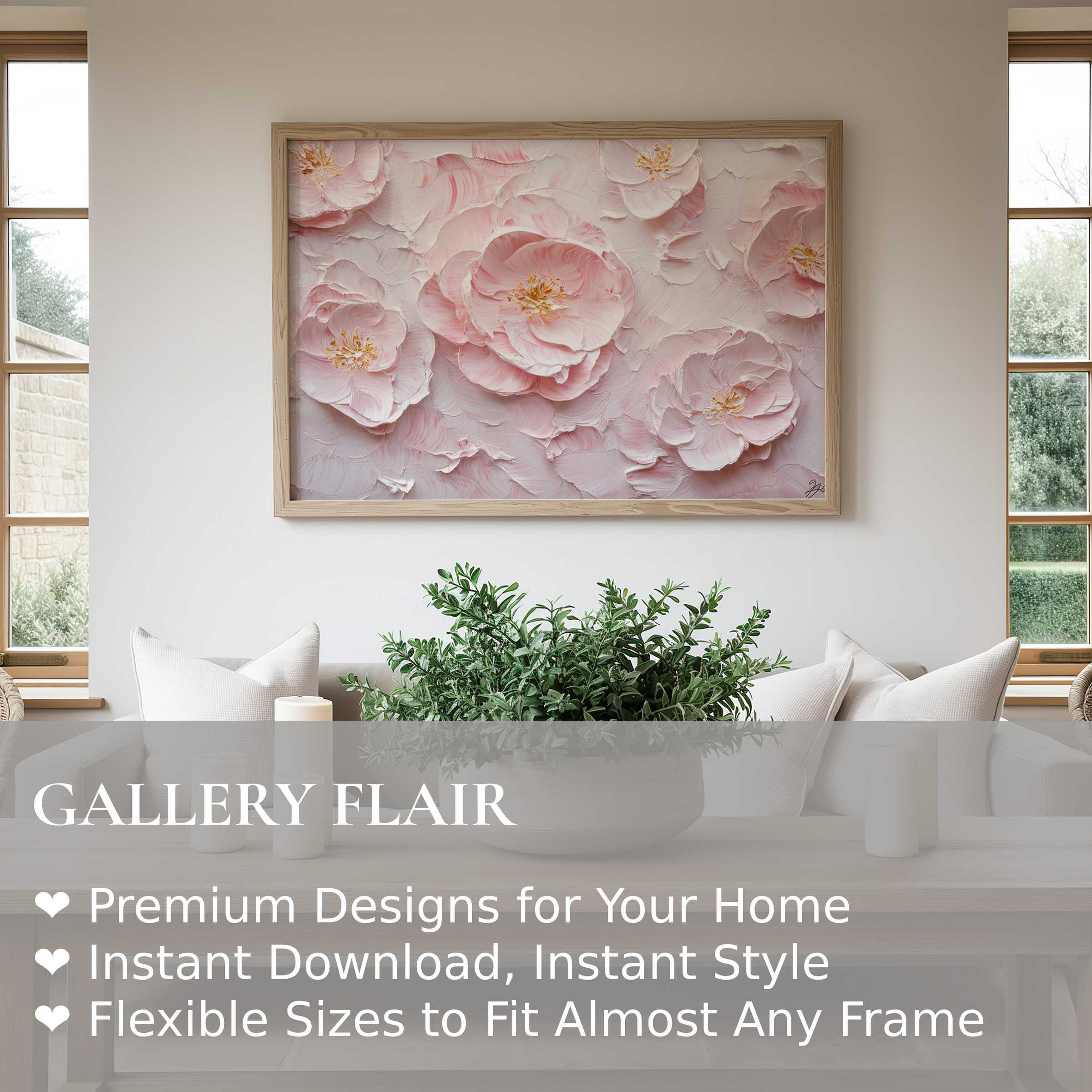 Botanical wall art print featuring soft pink textured blooms, adding a radiant, calming touch to a modern minimalist living space