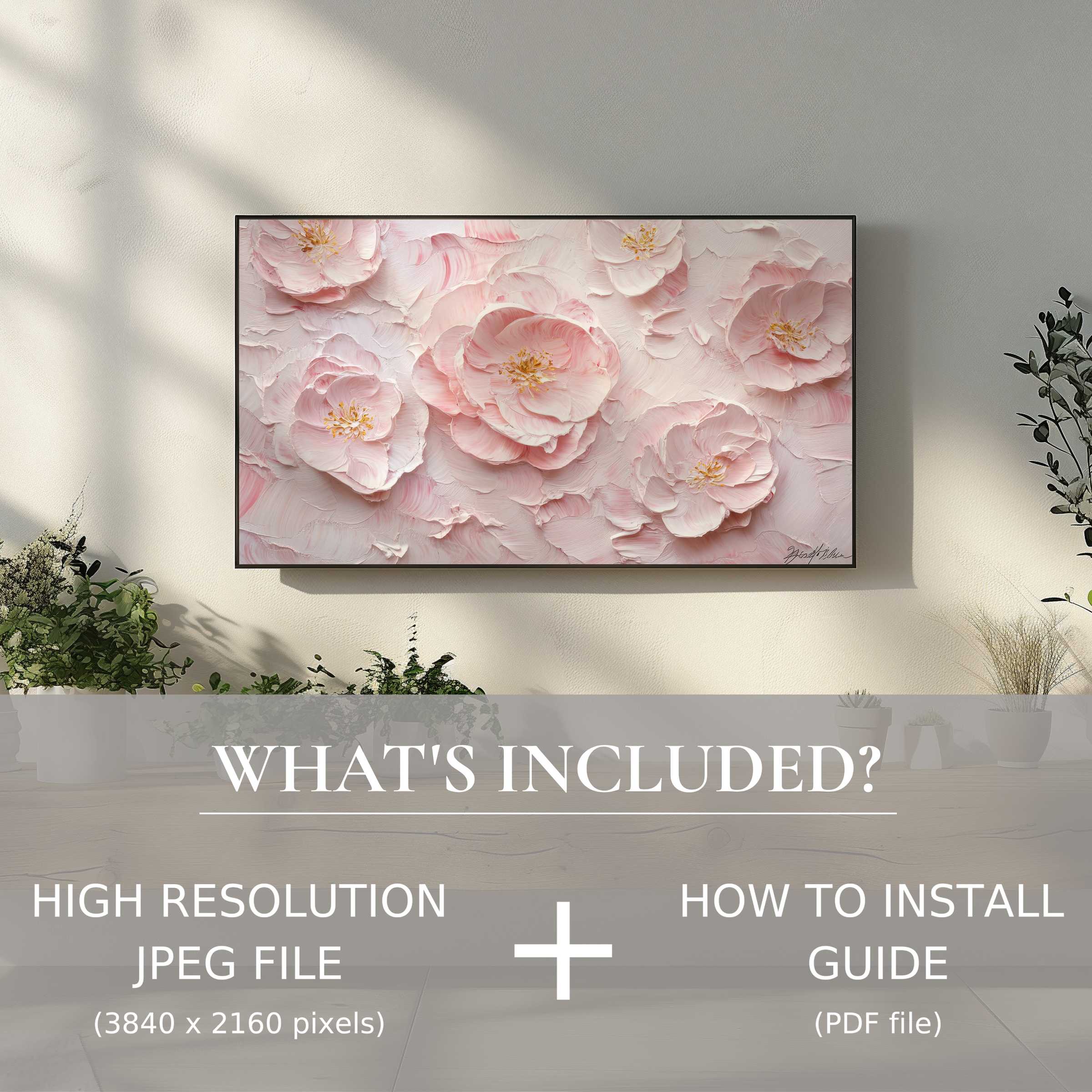 Elegant botanical digital TV art download in soft pink tones, enhancing your space with easy digital use and style