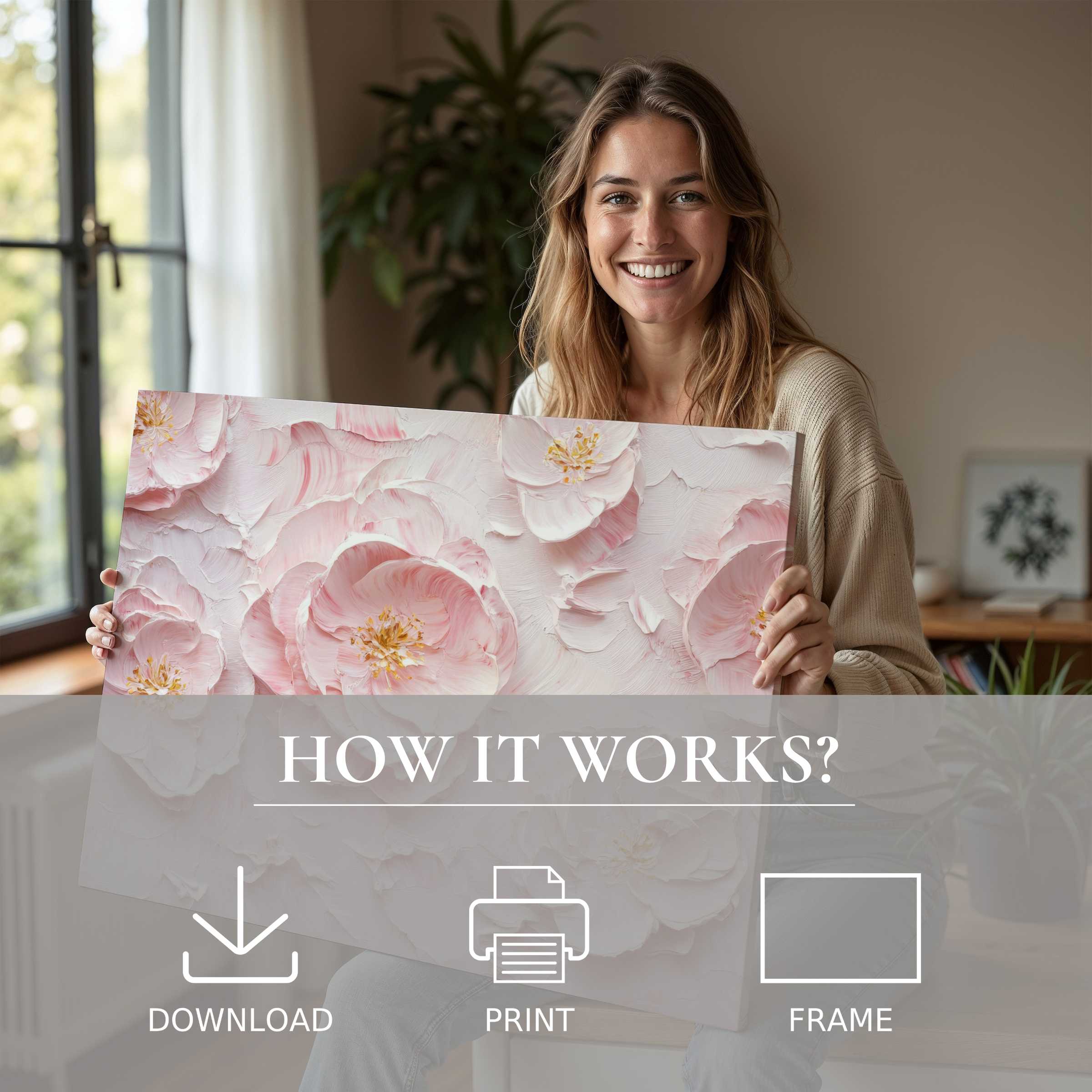Joy radiates as a woman embraces a Botanical digital art print of delicate pink blooms, bringing serene elegance to her modern home