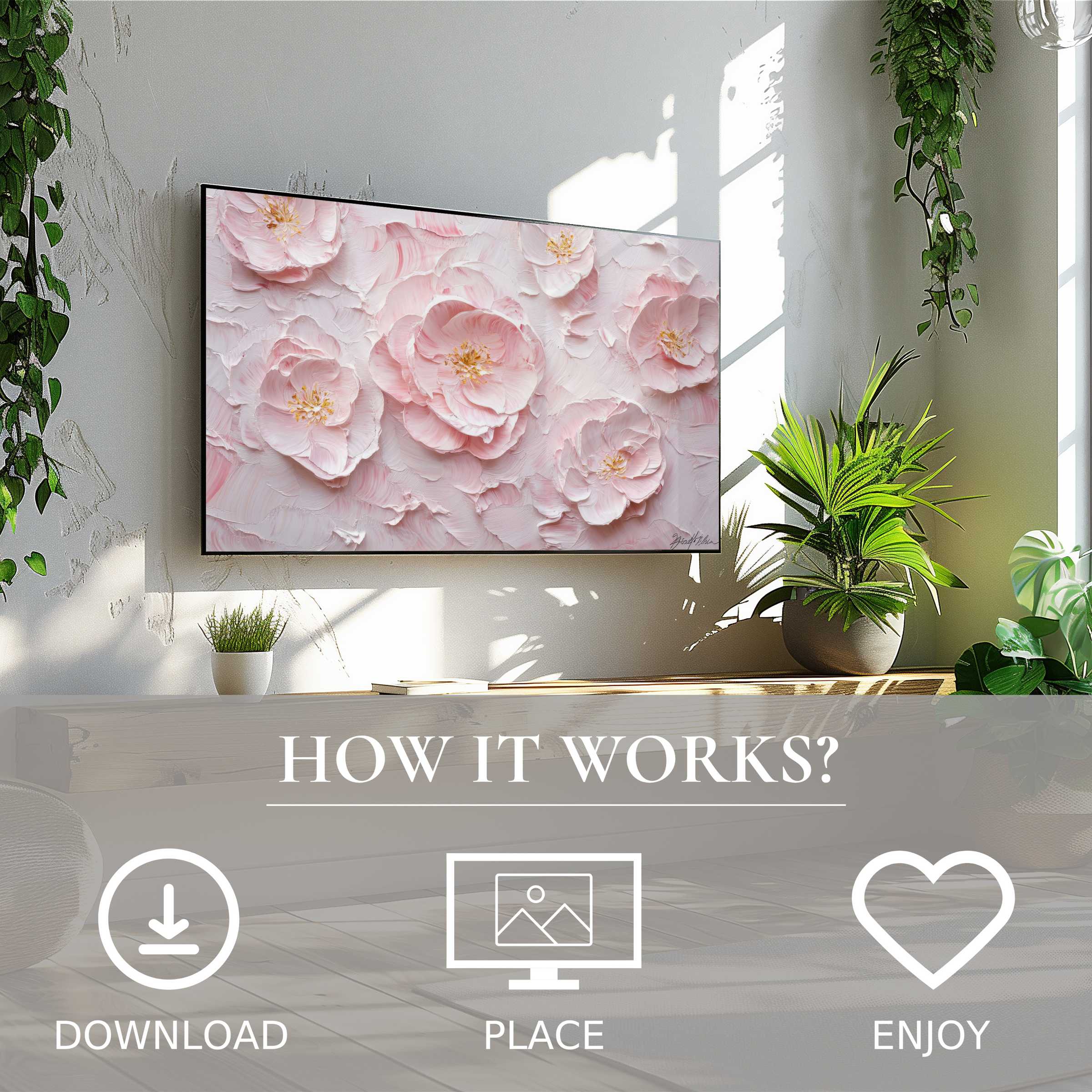 Botanical art for Samsung TV shows soft pink floral texture, easy digital download enriches modern, plant-filled living spaces