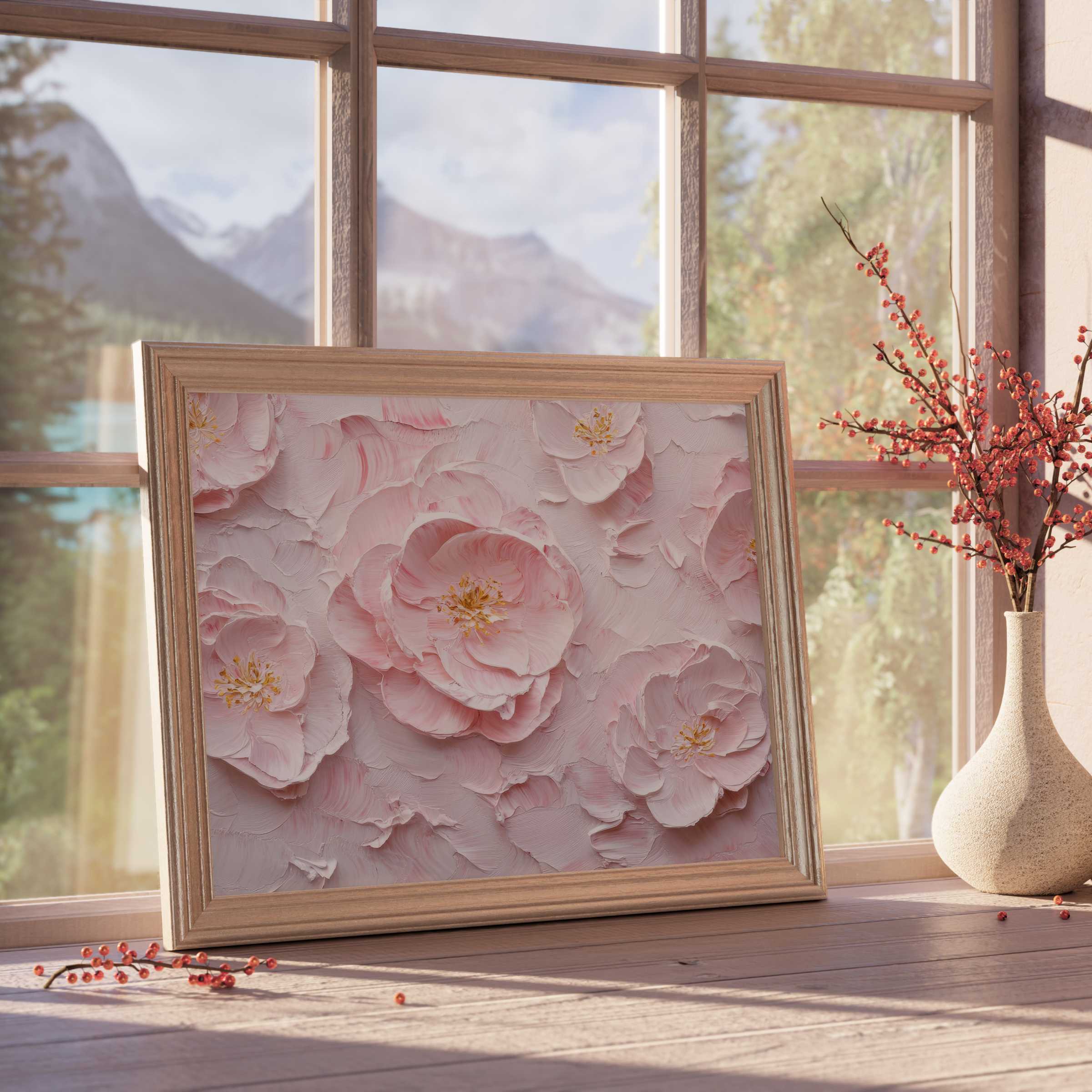 Botanical downloadable art featuring soft pink blooms in a chic wooden frame, enriching serene, design-forward interiors with timeless elegance
