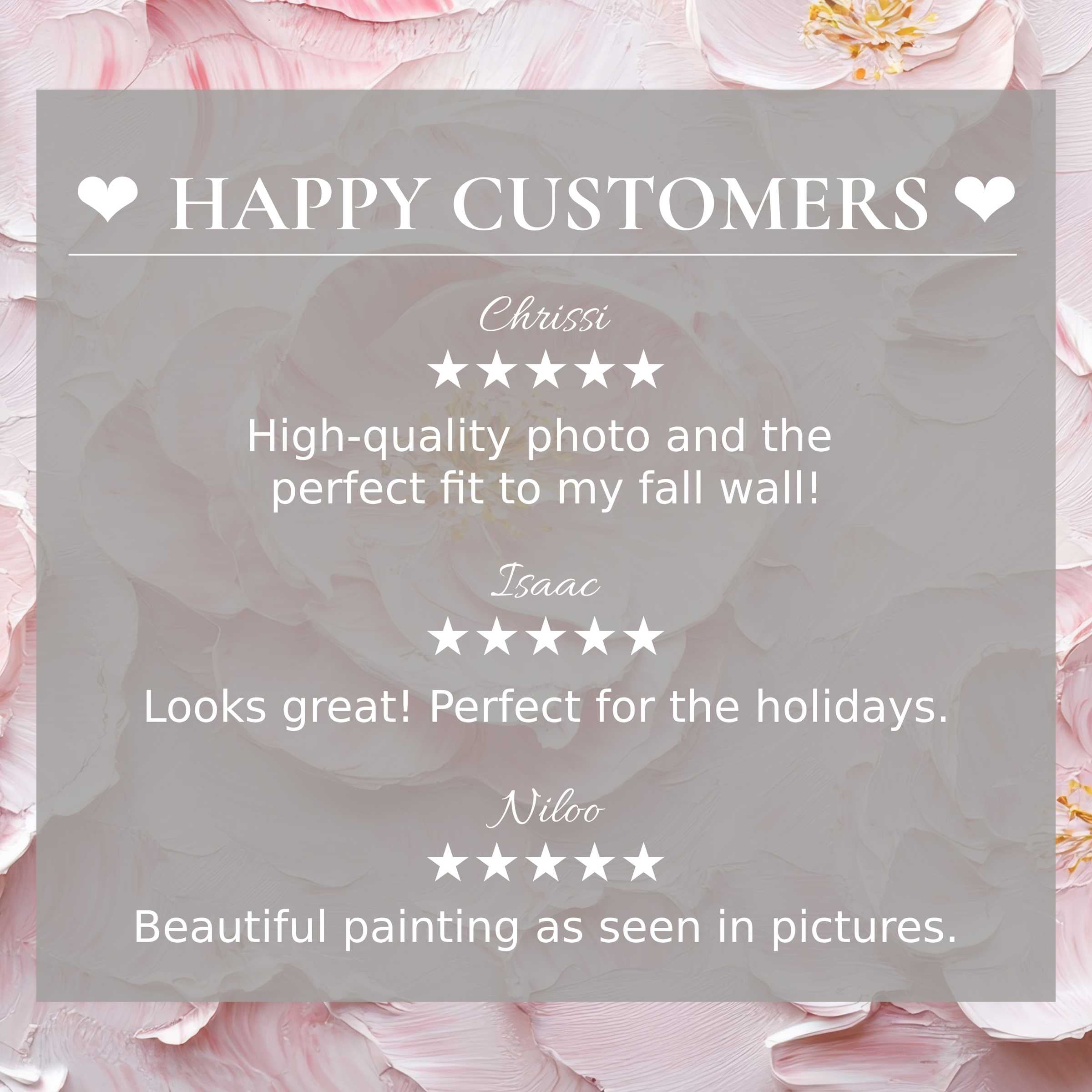 Happy customer reviews highlight botanical art for Frame TV with soft pink floral background, inspiring trust and elegance