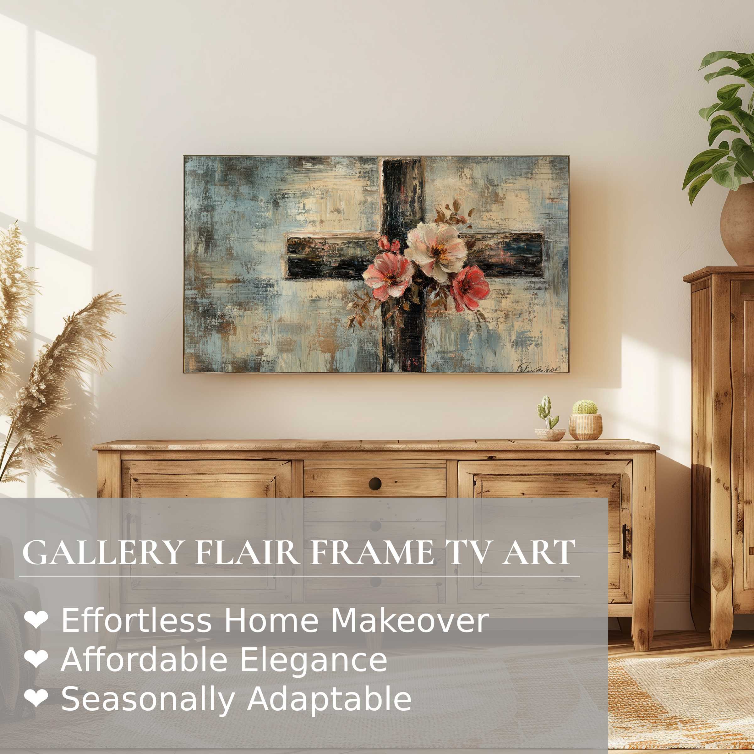 Modern rustic interior showcasing elegant easter digital artwork on Samsung Frame TV in warm natural light