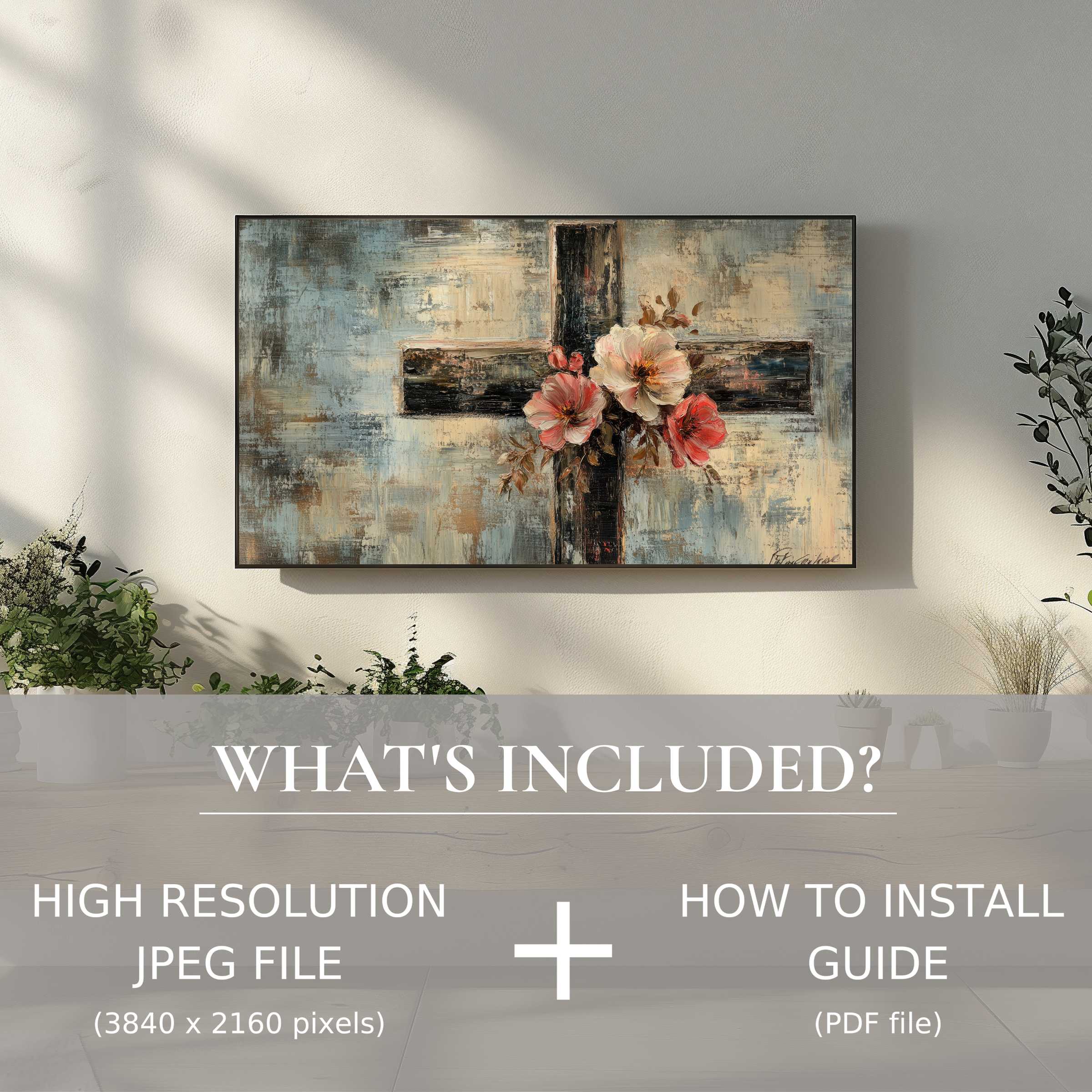 Elegant living room showcases easter digital TV art download with easy install, elevating your modern space effortlessly