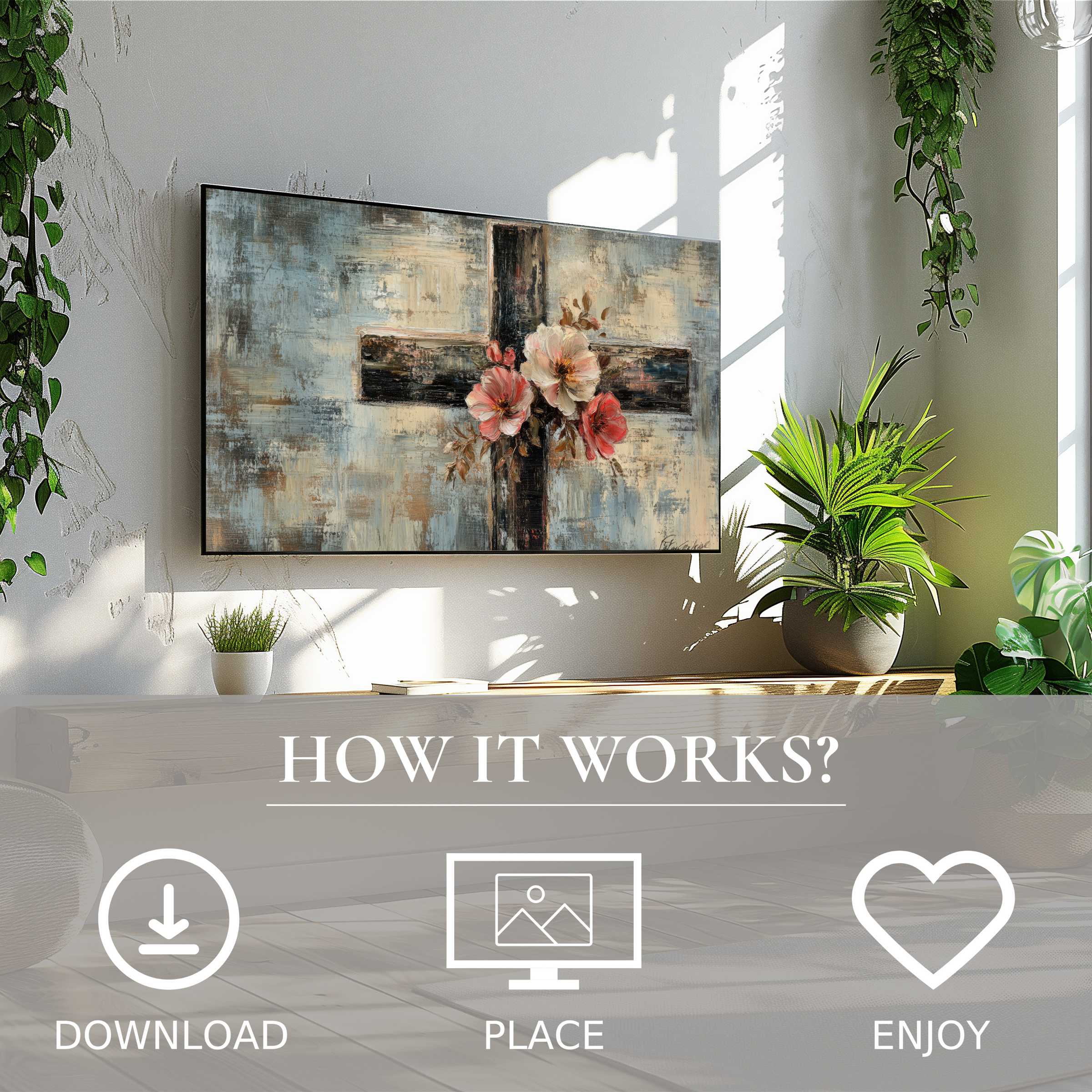 Modern living room with easter art for Samsung TV showing soft pastel cross and floral motif, simple digital download decor