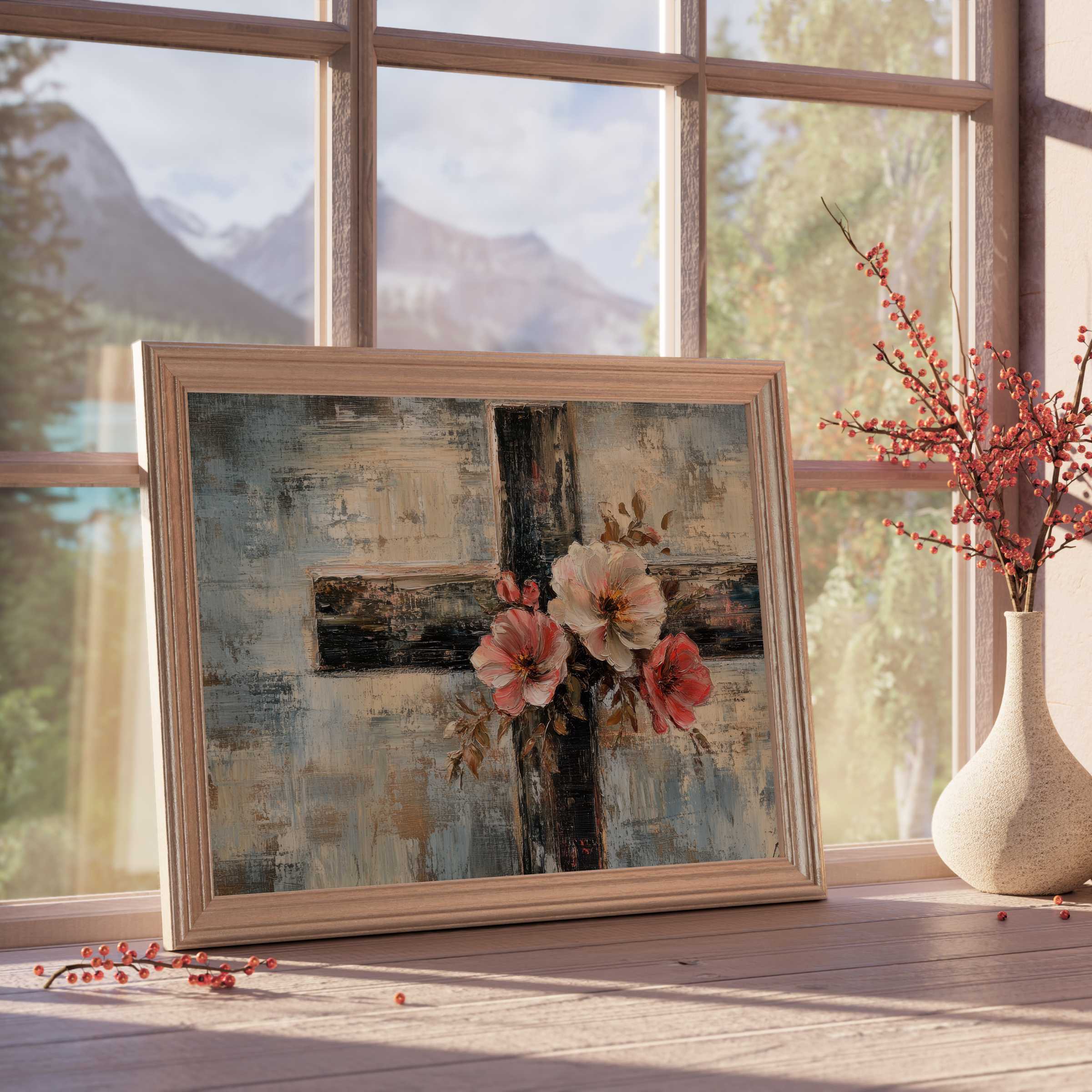 Easter downloadable art featuring a textured cross with delicate blooms, infusing serene elegance into refined, tranquil interiors