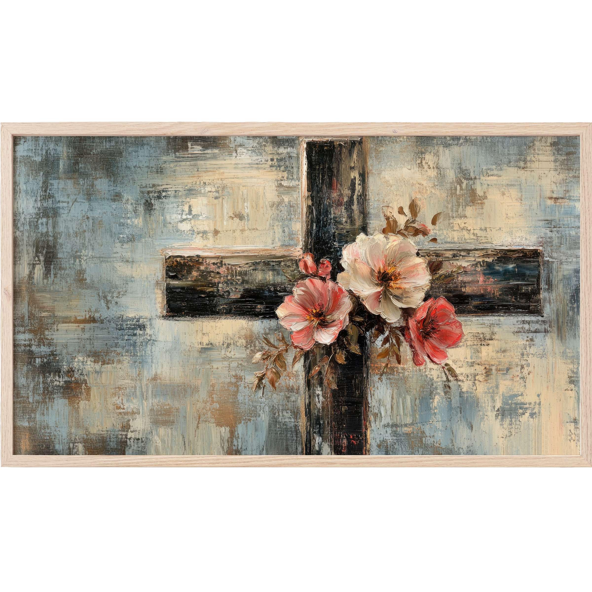 Rustic cross with soft pink and cream flowers on textured blue-beige background, elegant easter Frame TV Art