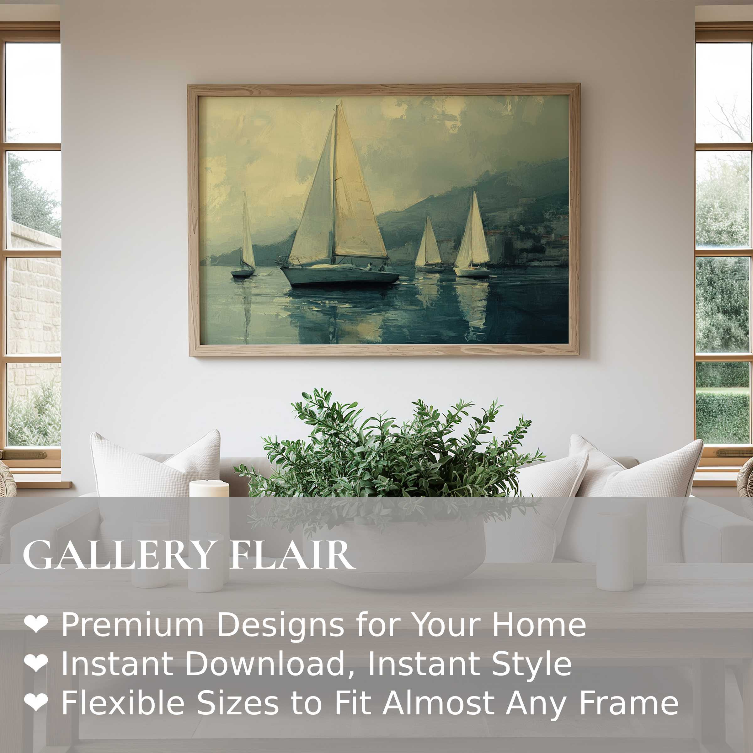 Serene beach wall art print of sailboats at dusk with soft, calming blues and greens enhancing modern coastal interiors