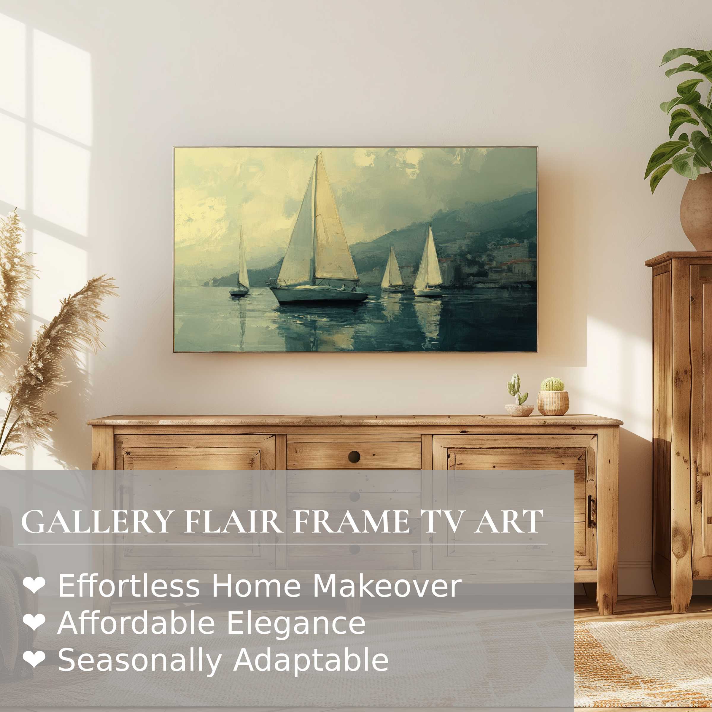 Samsung Frame TV displays serene beach digital artwork of sailboats, blending classic charm with modern home elegance
