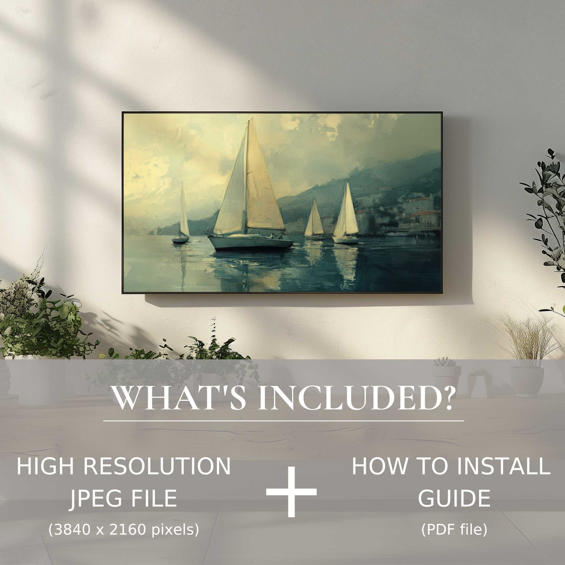 Elegant beach digital TV art download depicts serene sailboats, easily enhancing living spaces with high-res digital ease