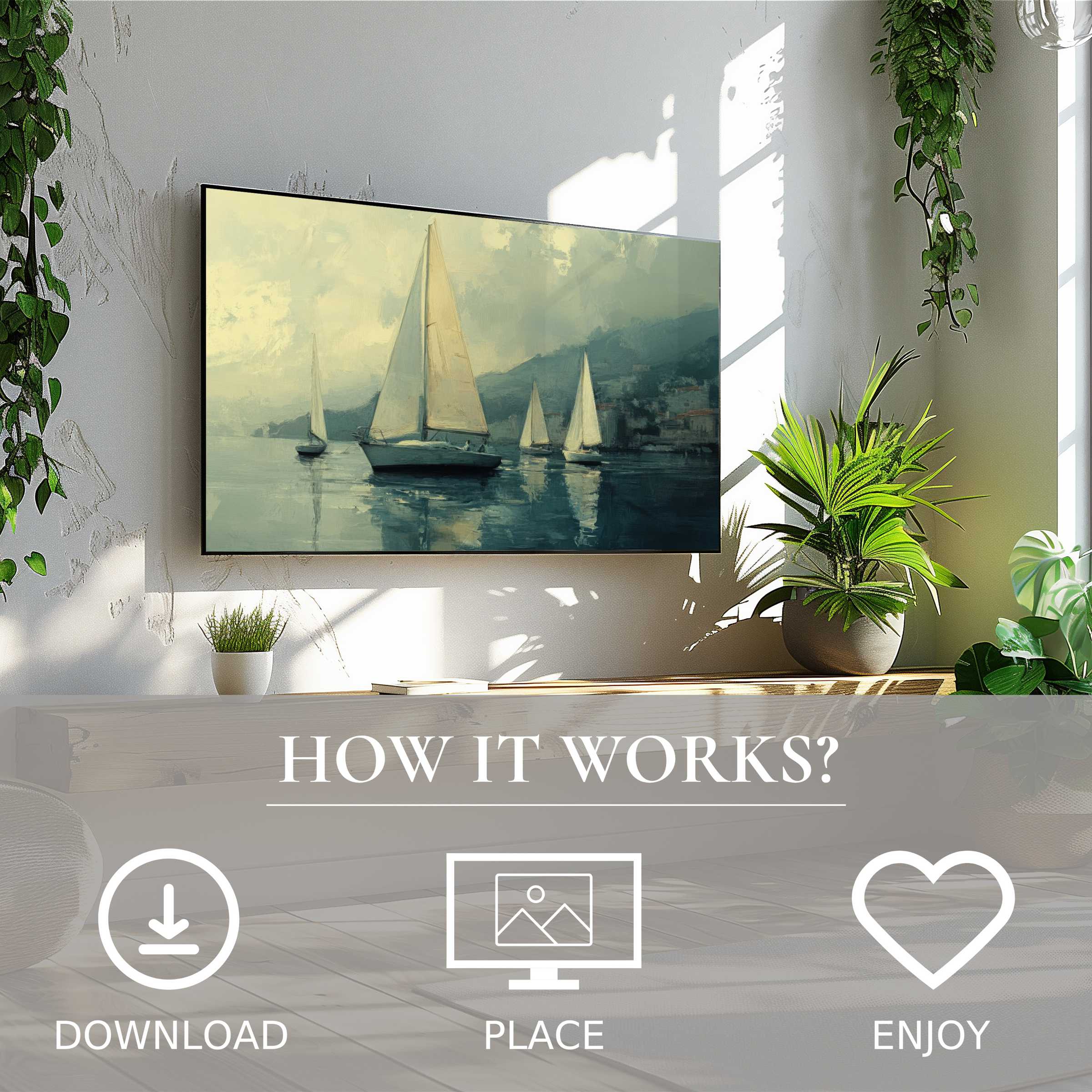 Modern living room with easy digital download beach art for Samsung TV, featuring soft sunset tones and serene sailboats