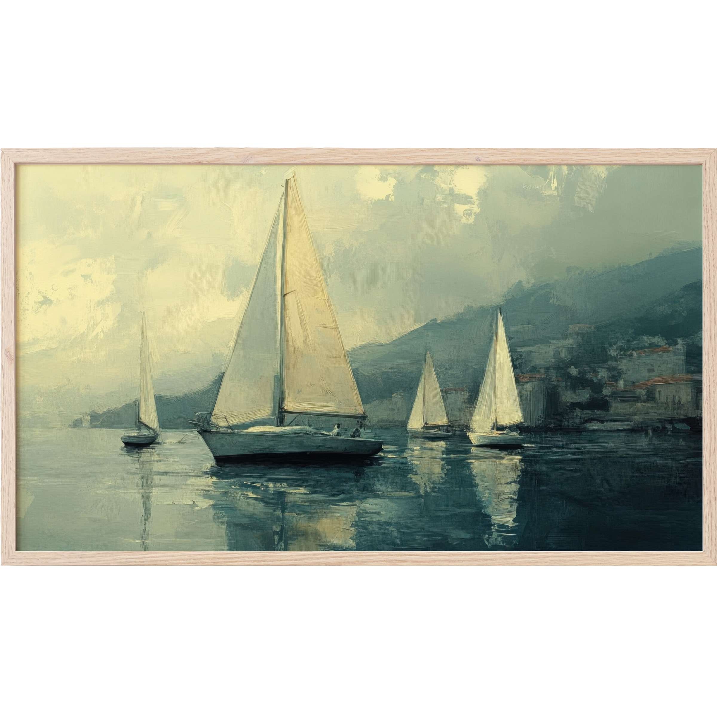 Serene sailboats on calm waters with muted blues and creams, a refined beach Frame TV Art for modern spaces