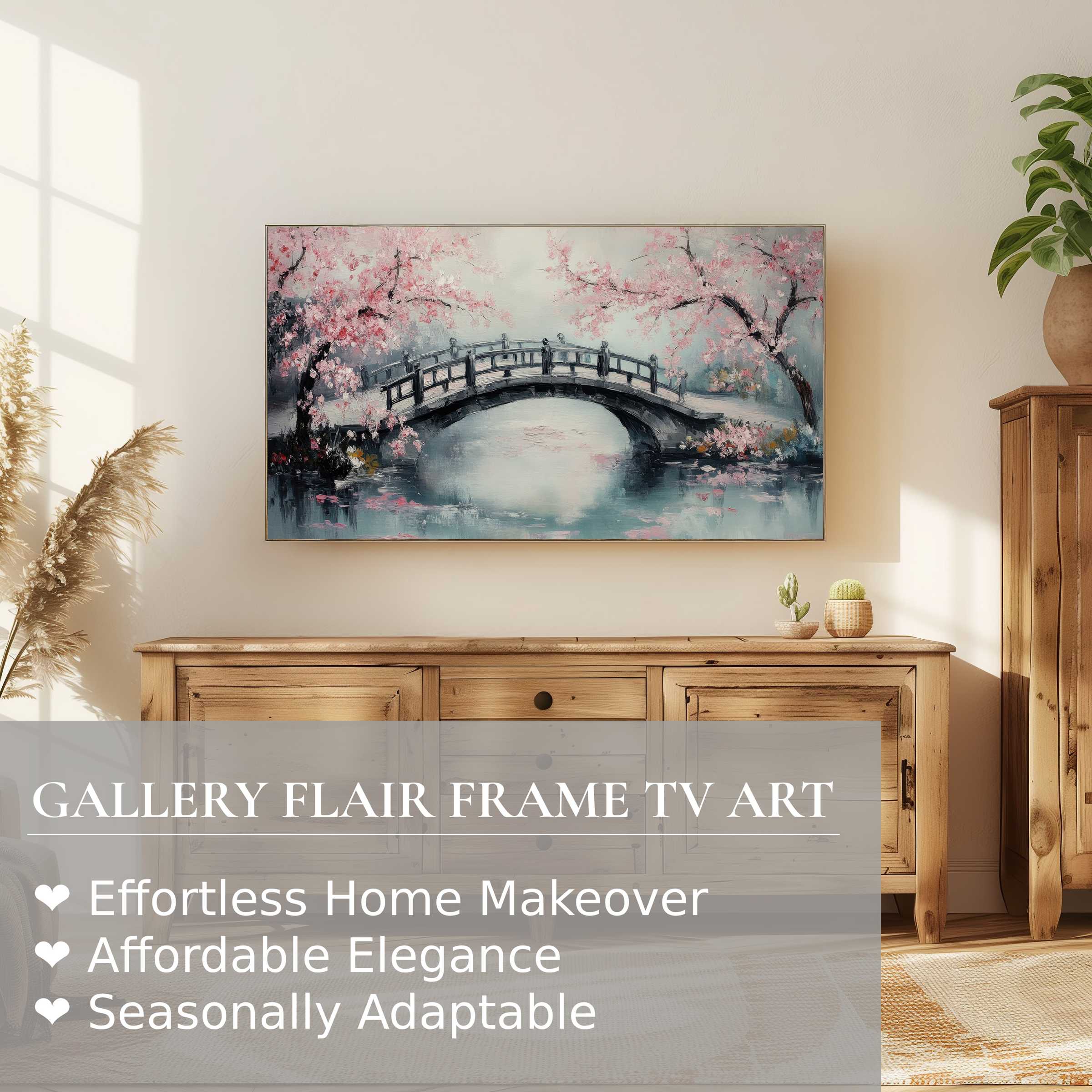 Samsung Frame TV displaying delicate tree digital artwork in soft pastels, enhancing refined modern interiors.